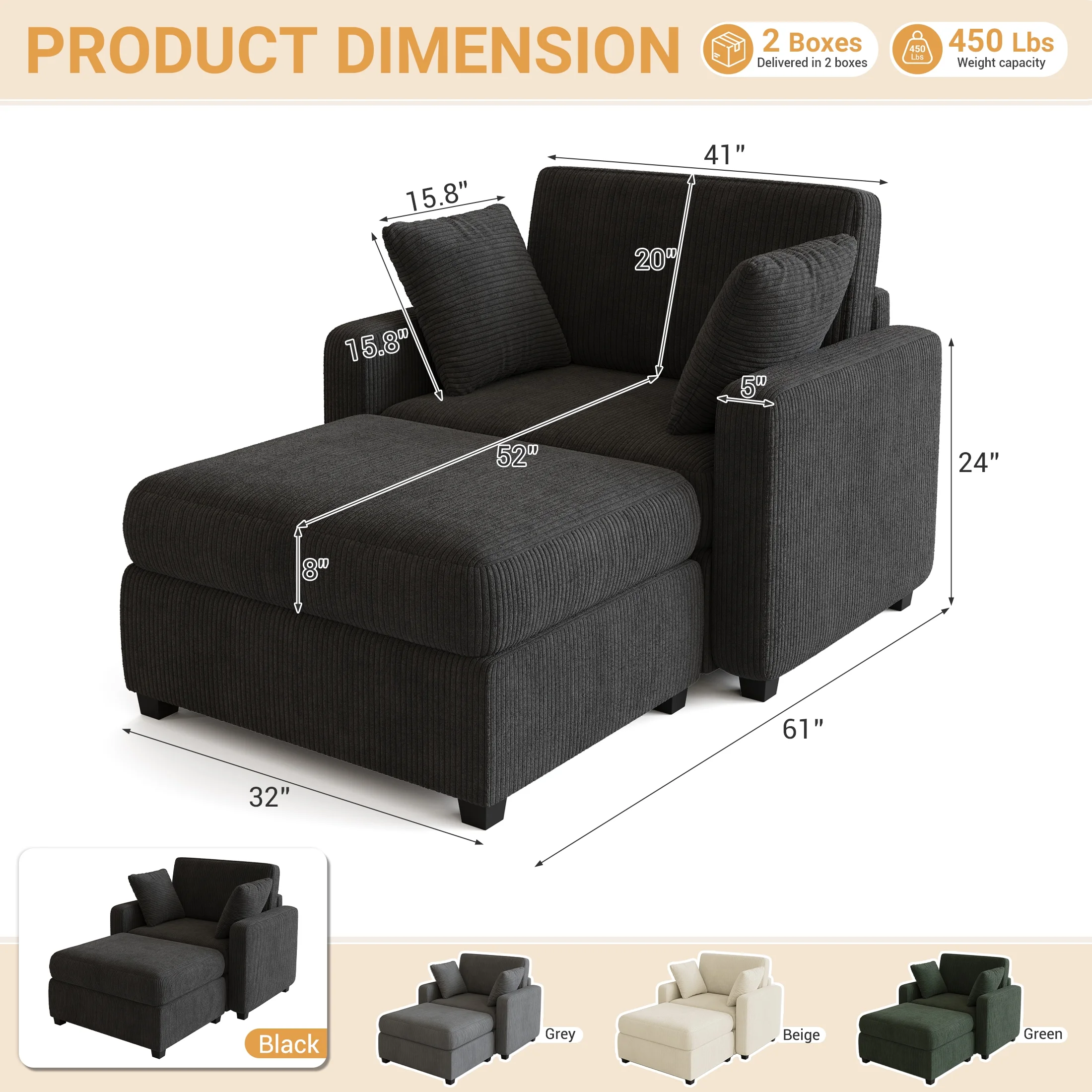 LUMIHO Chaise Lounge Chair Indoor, 42" Sleeper Chair with Two Throw Pillows and Armrests, Corduroy Chaise Couch Chair with Ottoman for Living Room, Bedroom, Apartment, Green - Image 25
