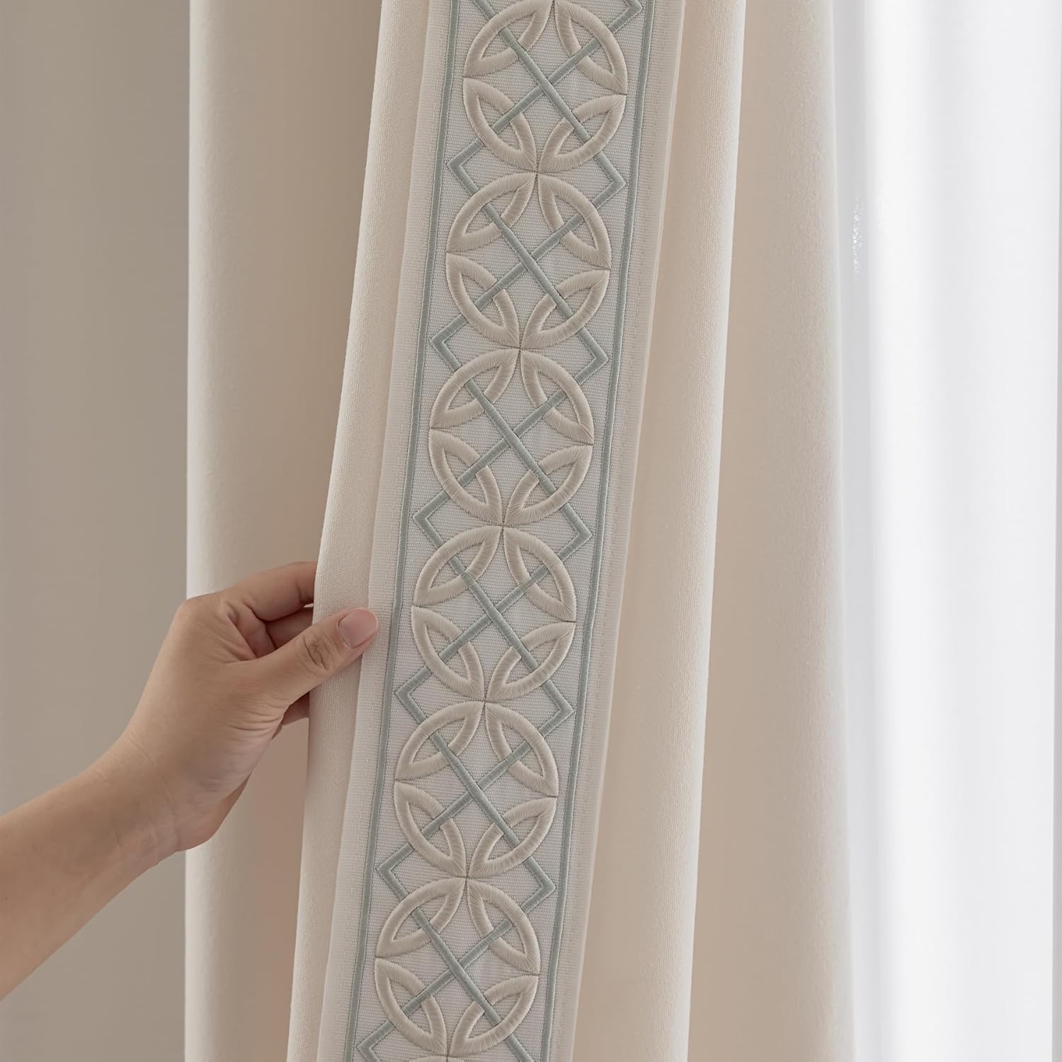 Luxury Cotton Linen Pinch Pleat Curtains, Embroidered Trim Memory Trained Drapes for Stylish Living Room, (50