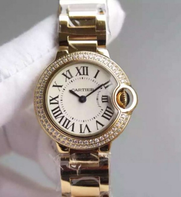 Replica Cartier Ballon Bleu 28mm YG Diamonds Bezel White Dial Bracelet Ronda Quartz - Elite Watch Atelier