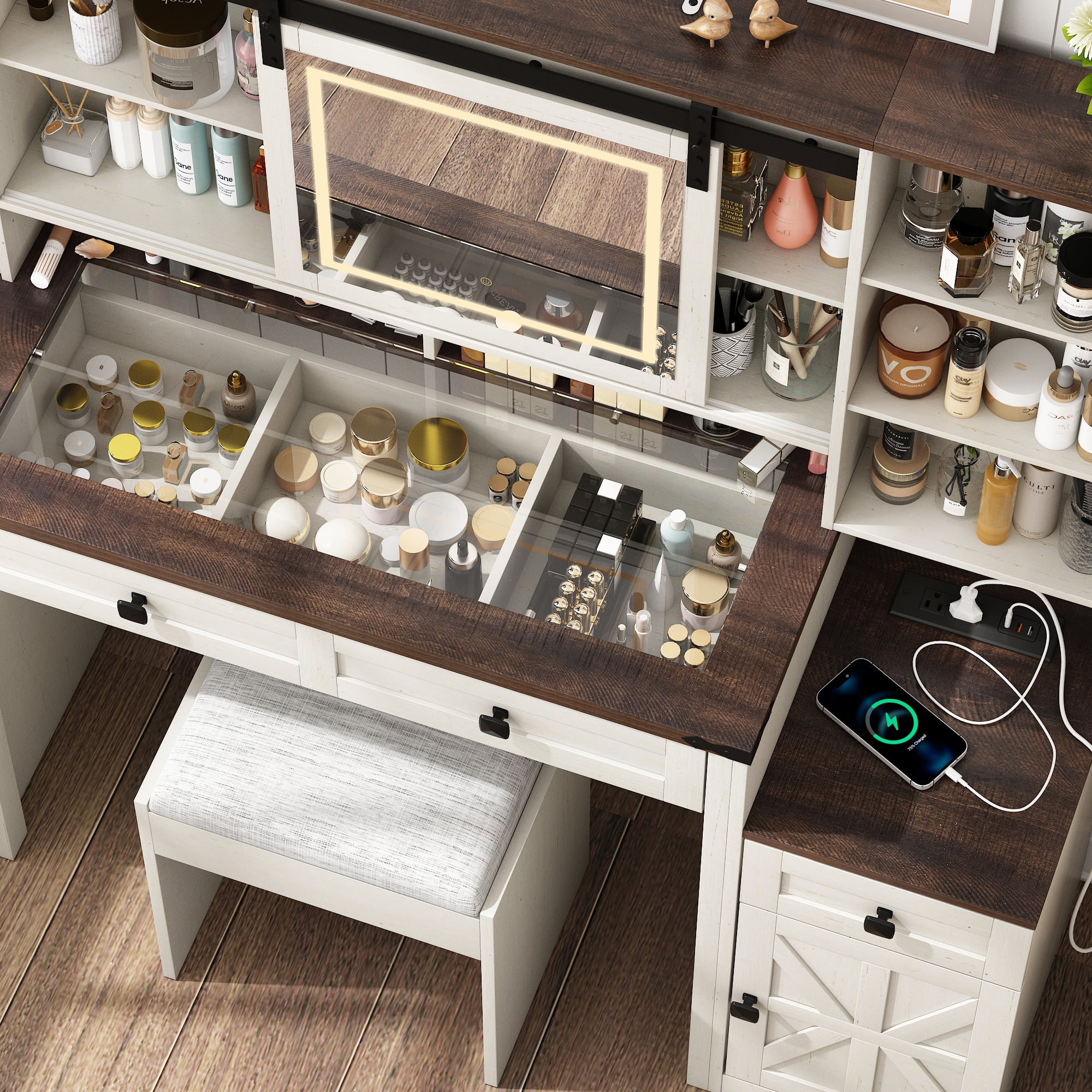 Blotout 47.2" Farmhouse Rustic Makeup Vanity Desk with Sliding Mirror and Lights, Glass Top Vanity Set with Charging Station & 3 Drawers & 1 Cabinet & Stool, Big Vanity (White) - Image 2