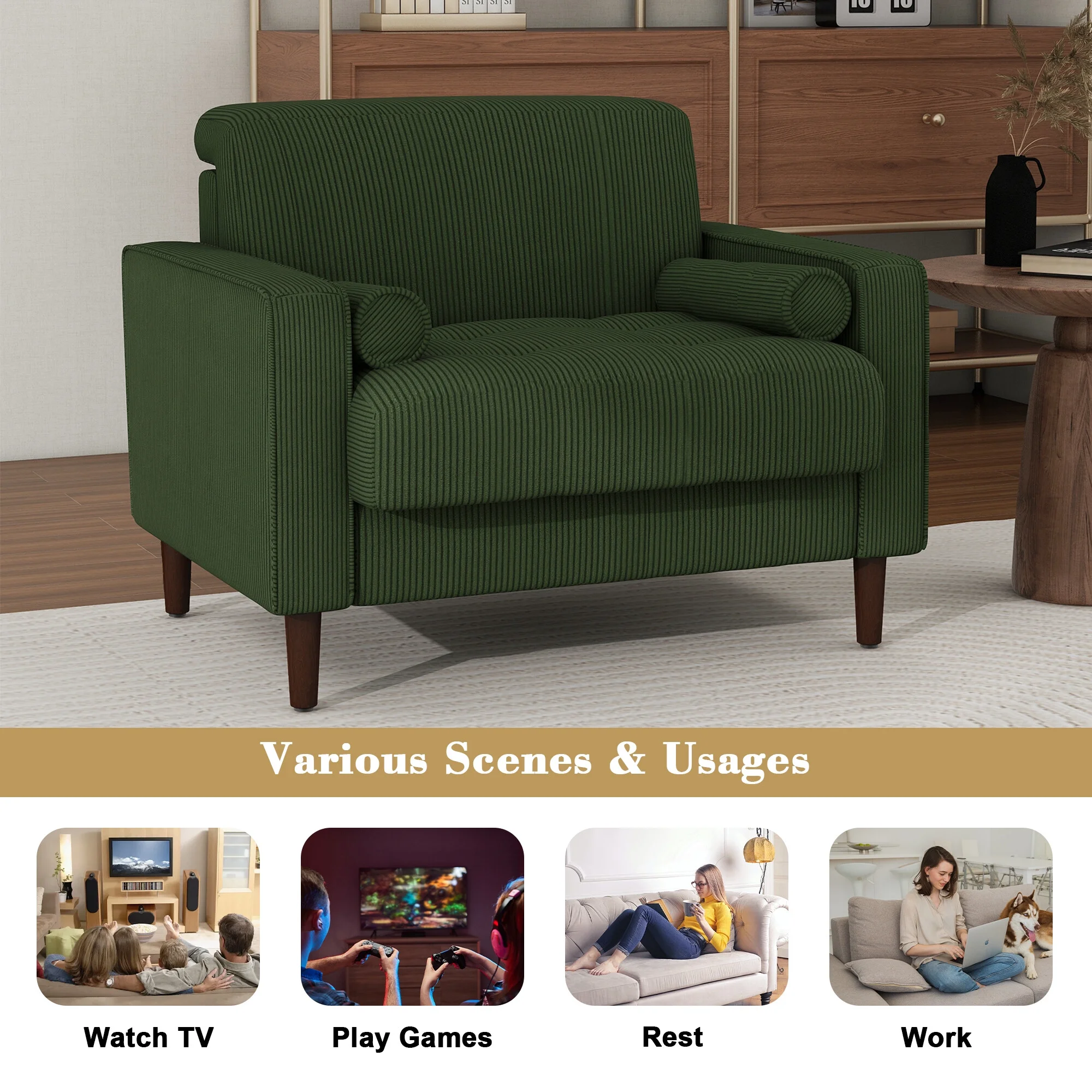 UIXE Corduroy Accent Chair Modern Upholstered Arm Chairs Comfy Reading Armchair with Pillow Armrest Tufted Living Room Single Sofa Lounge Seat, Yellow - Image 18