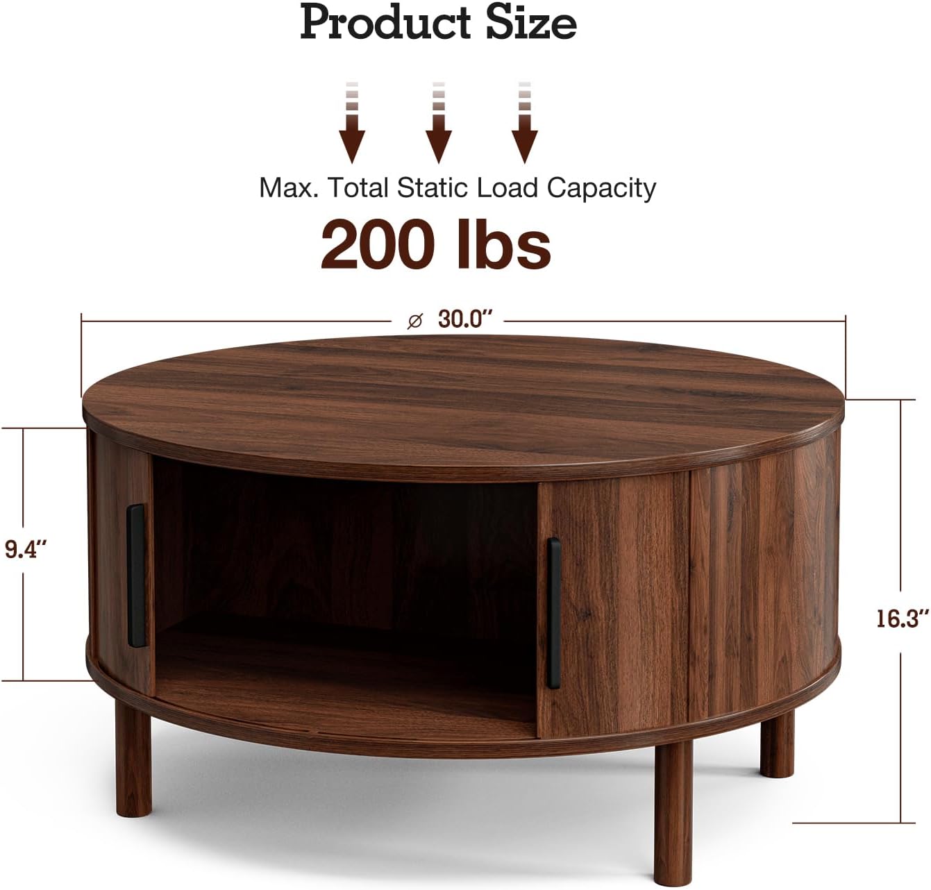 ZttRiee Coffee Table for Living Room, Modern Round Coffee Table with Cabinets & Sliding Doors, Home Small Space, 29.9