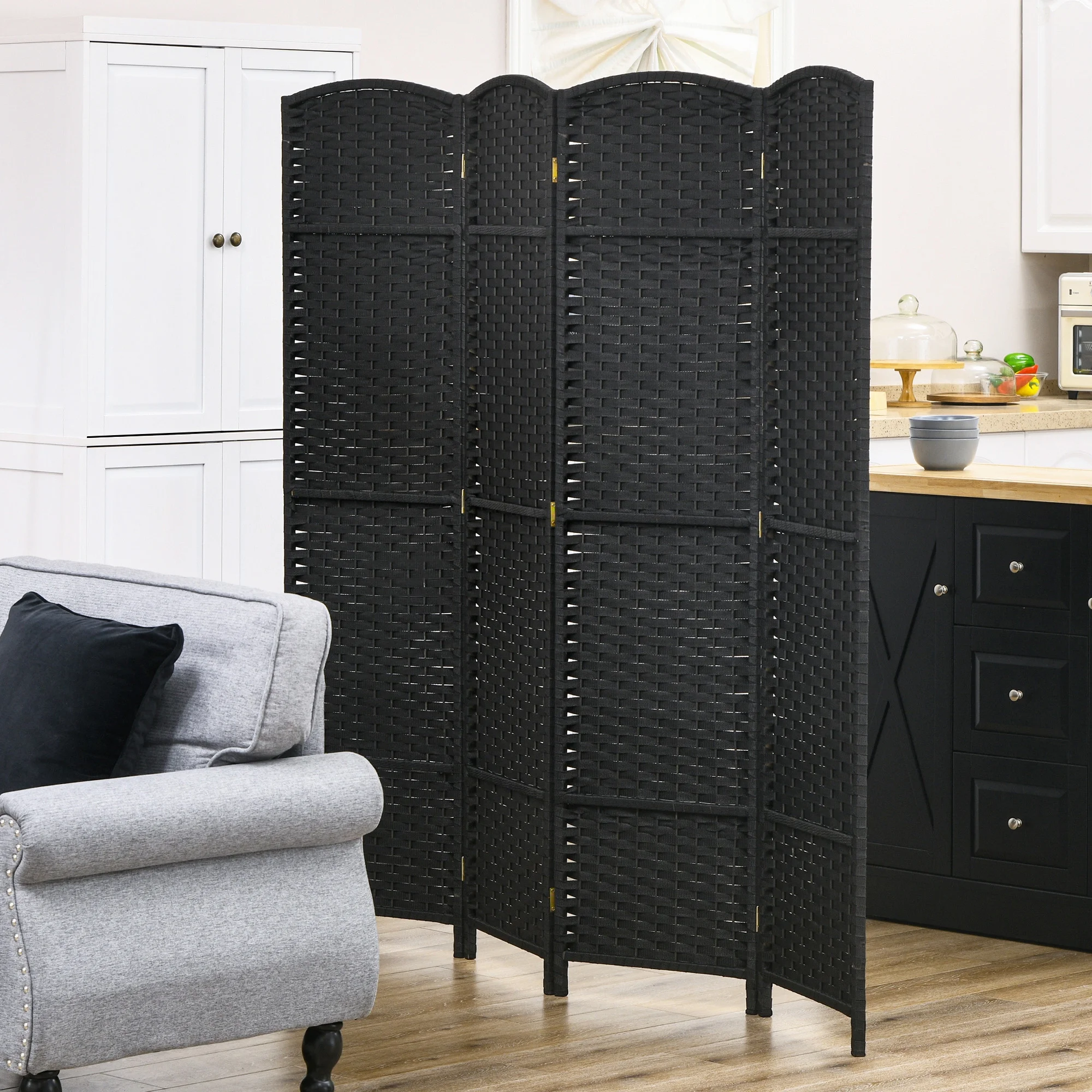 Privacy Screen HOMCOM Room Divider, 4 Panel Folding Privacy Screen, 5.6' Tall Freestanding Partition for Home Office, Bedroom, Black,Outdoor Privacy Screen