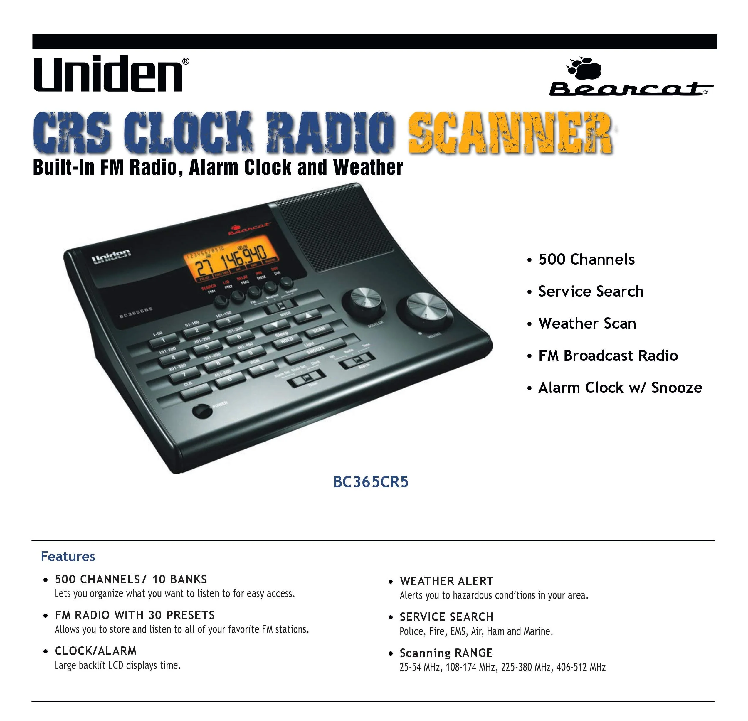 Uniden BC365CRS 500-Channel Scanner with Alarm Clock, Backlit LCD, and Weather Alert