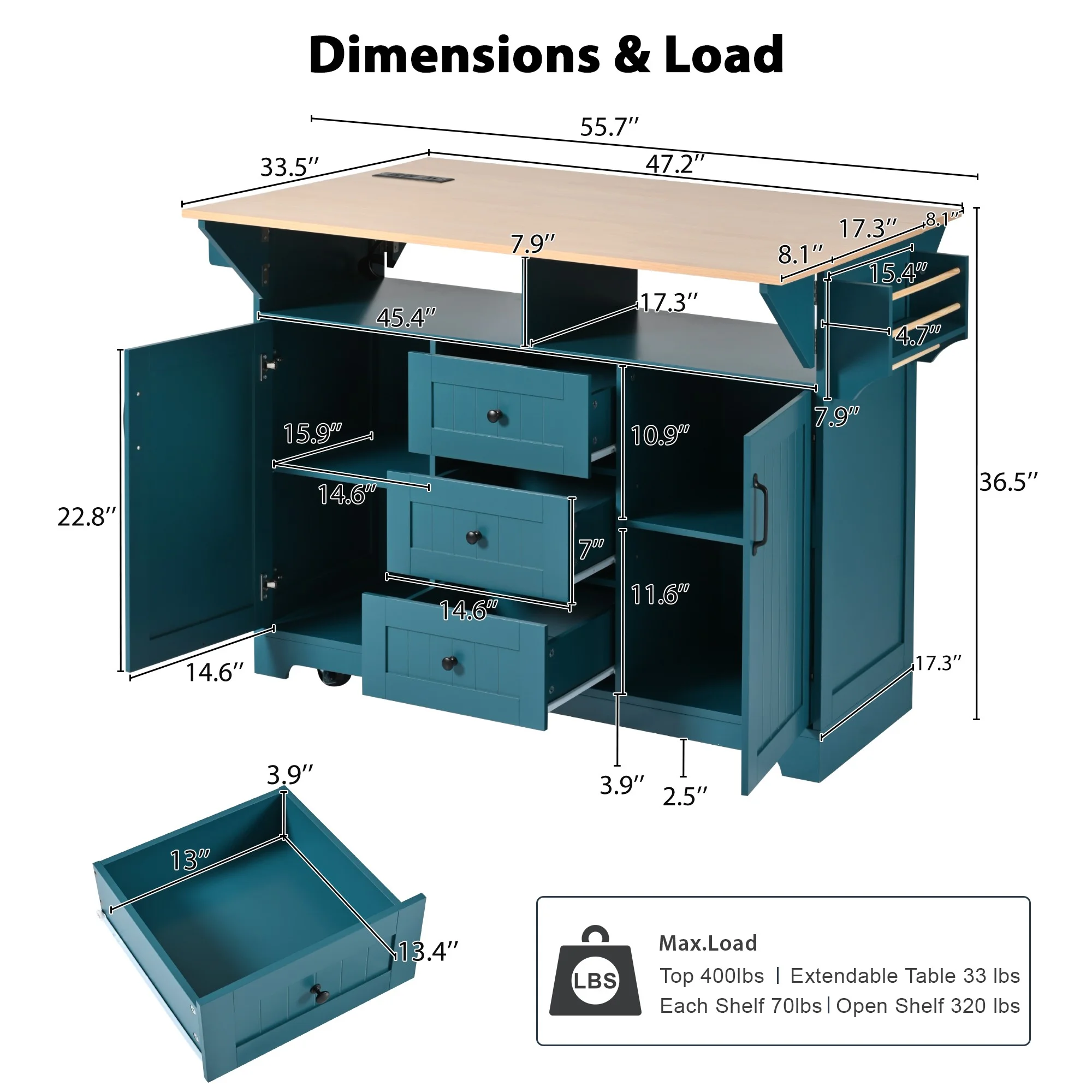 55.7'' Large Kitchen Island Cart with 2 Drop Leaf, Rolling Kitchen Cart on 5 Wheels with Power Outlet, Folding Storage Dining Table for Kitchen, Dining Room, Green