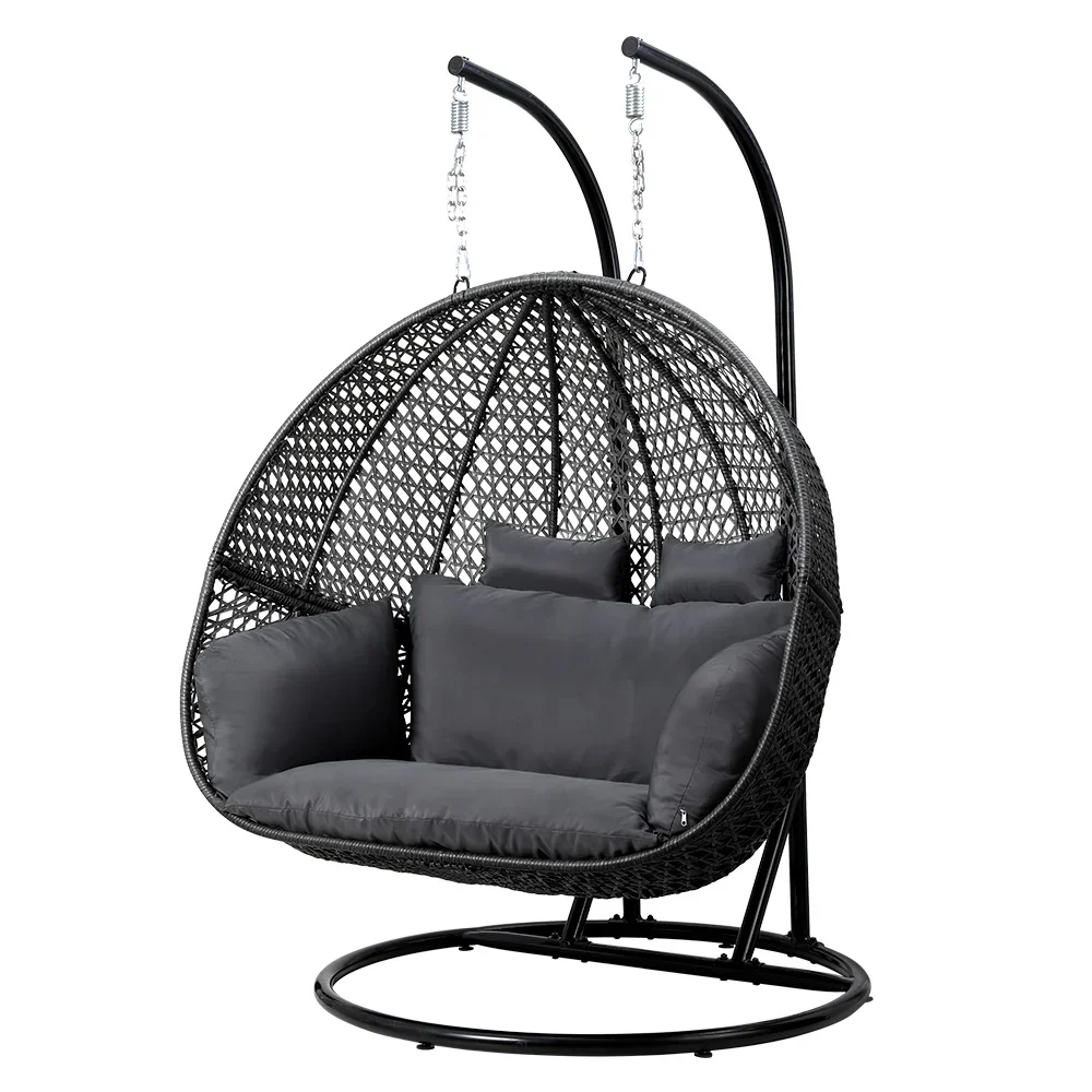 Gardeon Hanging Pod Chair With Stand And Cushion, 2 Seater, Grey Gardeon Hanging Pod Chair With Stand And Cushion, 2 Seater, Grey