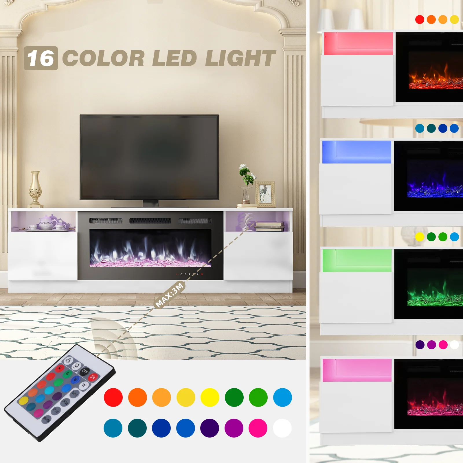 Hommow 70'' Fireplace TV Stand with 36'' Electric Fireplace, Entertainment Center with 16 Color Led Lights, TV Console for TVs up to 80'' for Living Room, White