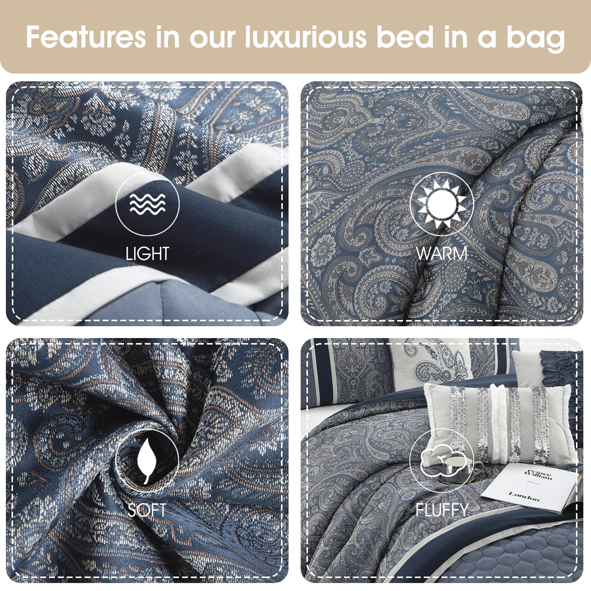 Lanco Smoke Grey Comforter Set California King Size, 9 Piece Jacquard Floral Bedding Set, All Season, Ultra-Soft, Matching Pillows & Shams, Bed Skirt - Image 52