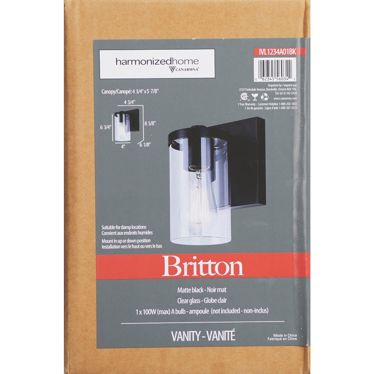 Canarm Britton 1-Light Black Vanity Bath Light Fixture, Clear Glass