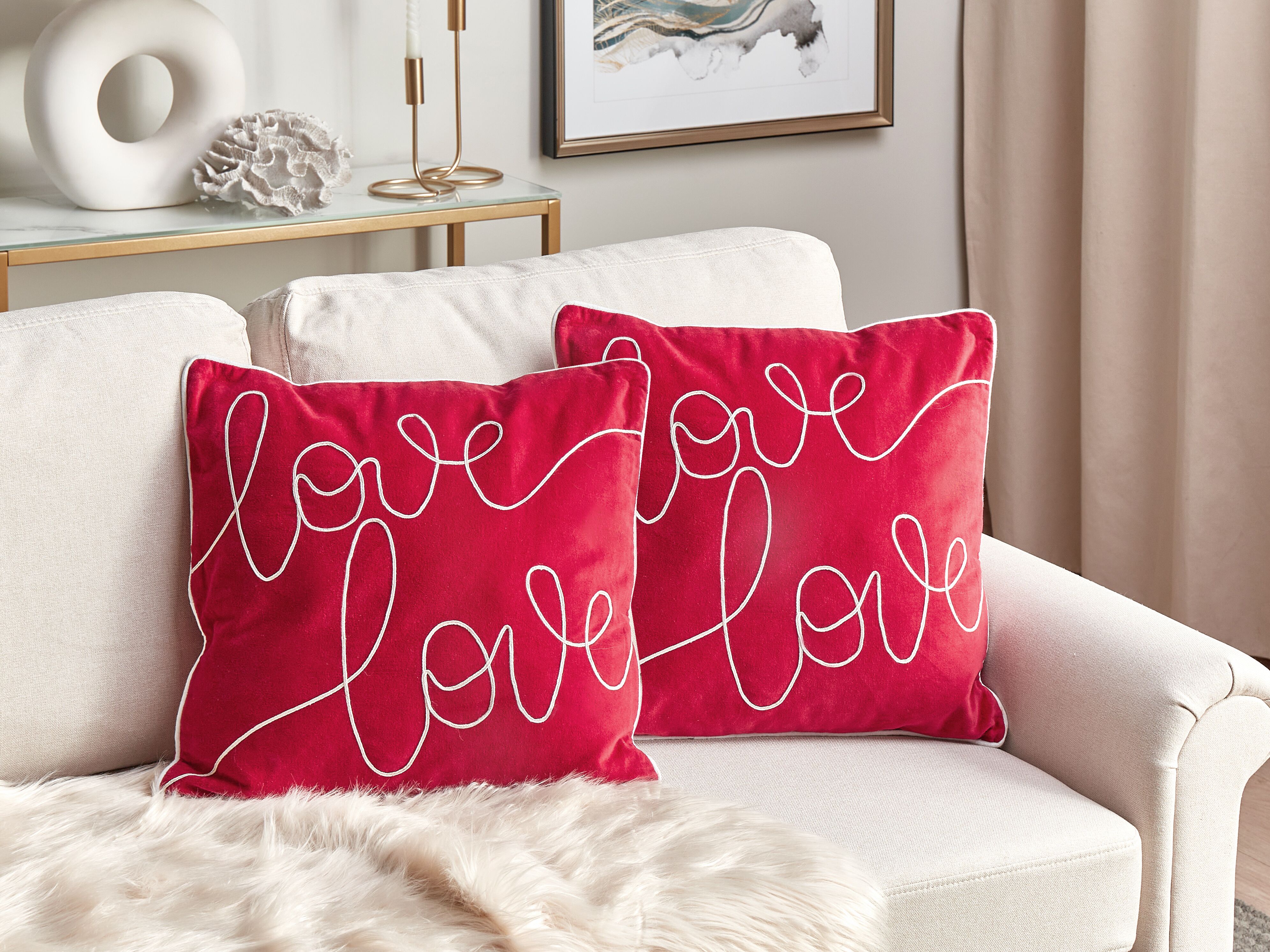 Set of 2 Decorative Cushions SIDERASIS Velvet 45 x 45 cm Red Text