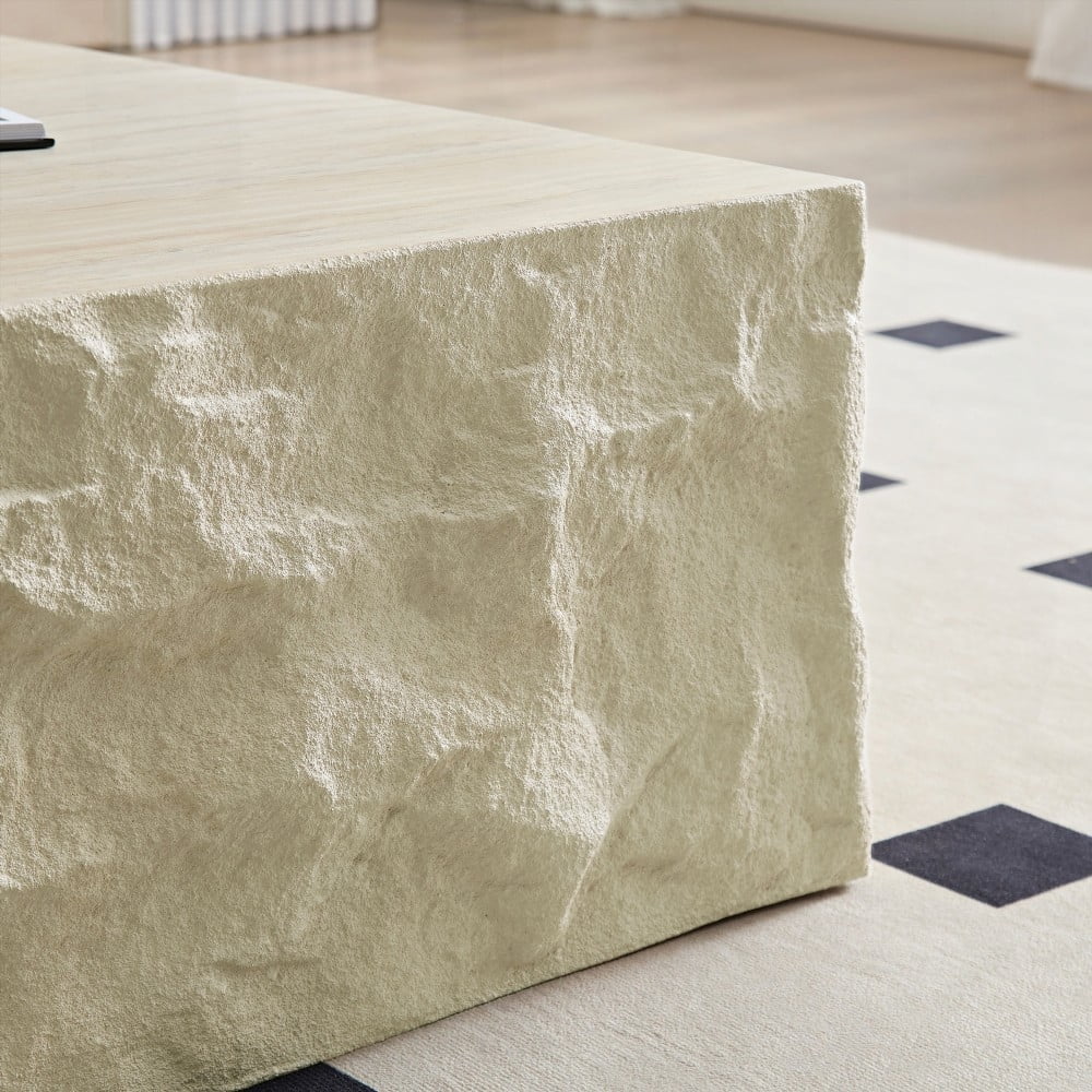 Fiberglass Square Coffee Table for Living Room, Imitation Stone Tabletop, No Assembly