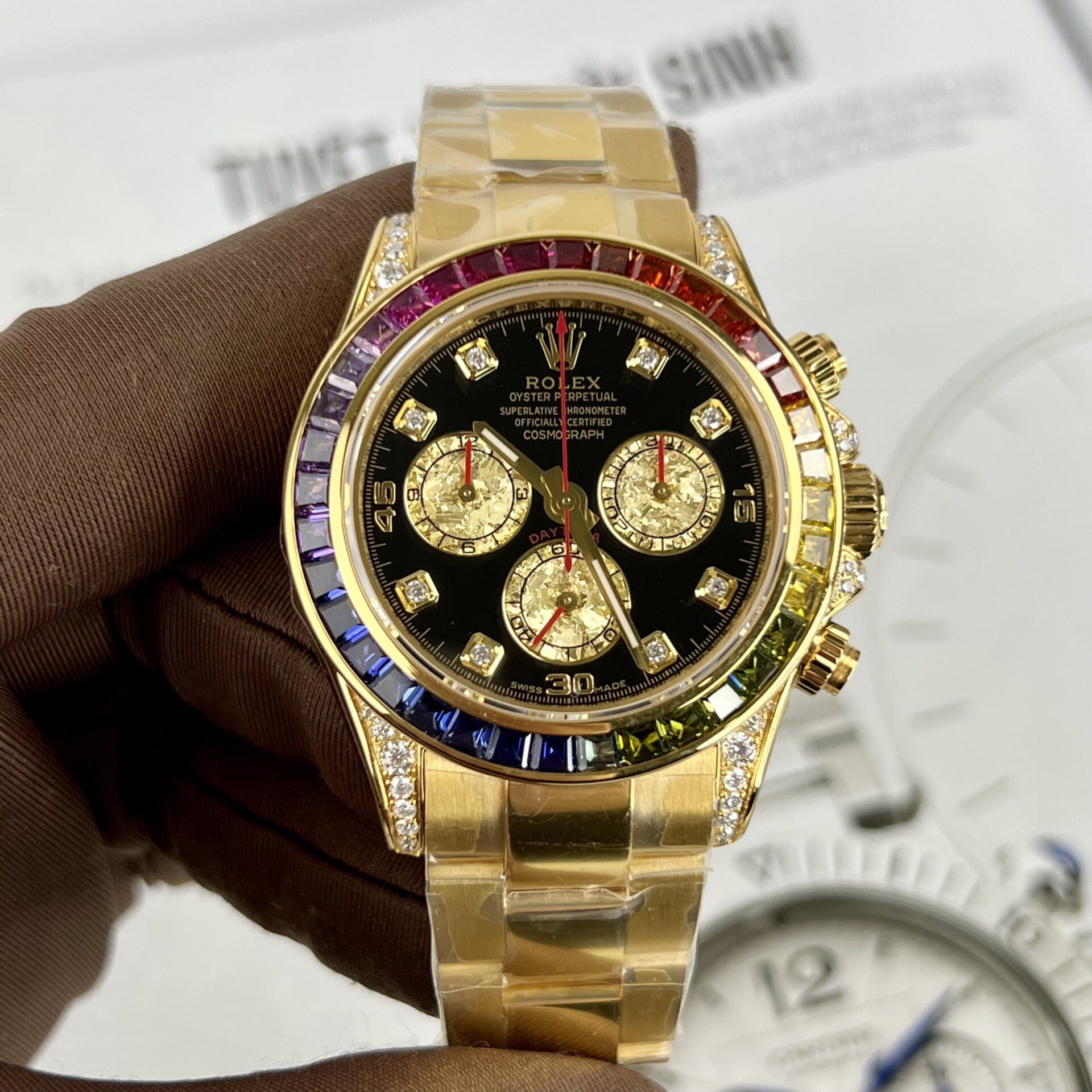 Rolex Best Replica Watch Daytona Rainbow Gold Wrapped And Moissanite Diamond Custom 40mm - Top club