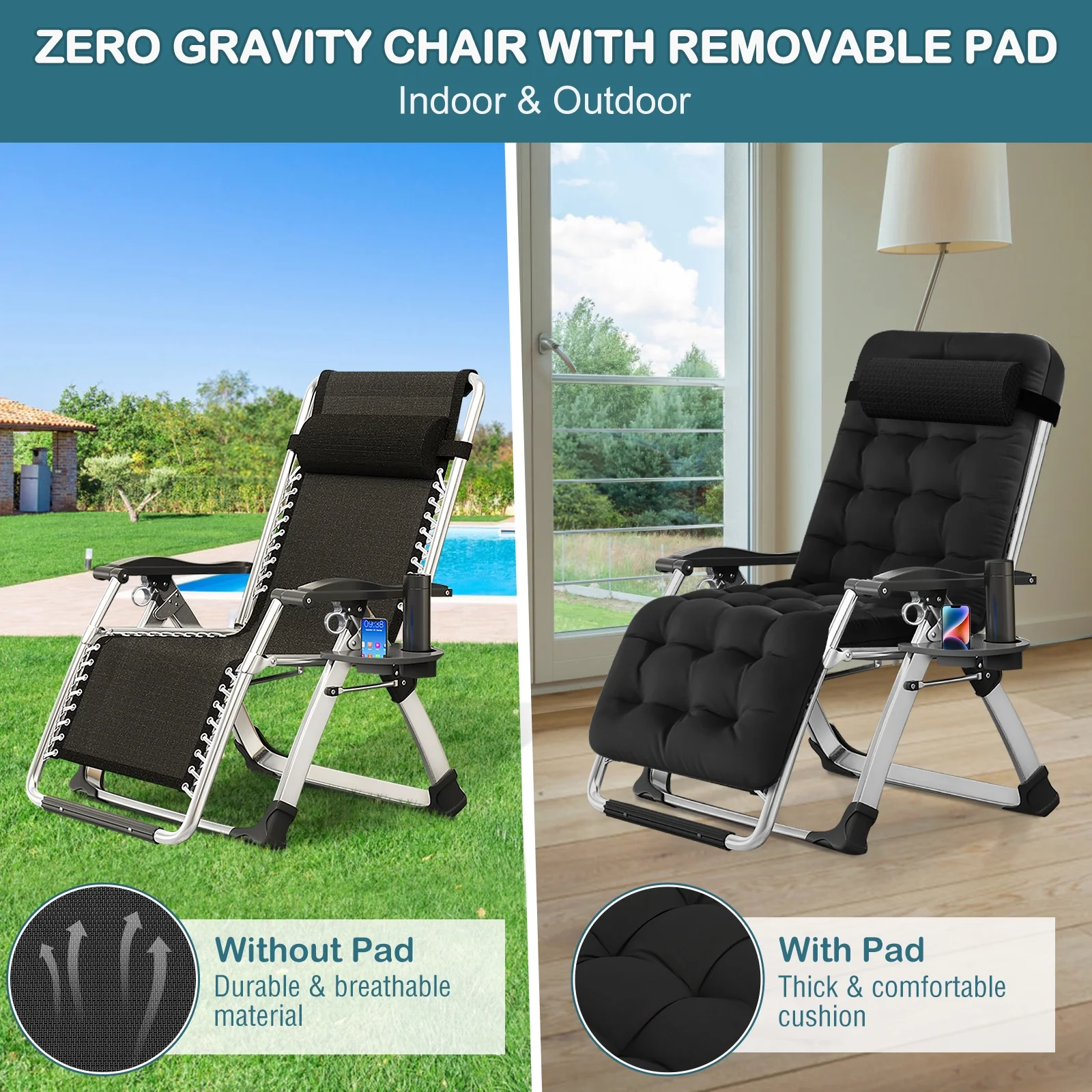 NAIZEA Zero Gravity Chair with Removable Cushion and Cup Holder Black - Image 38
