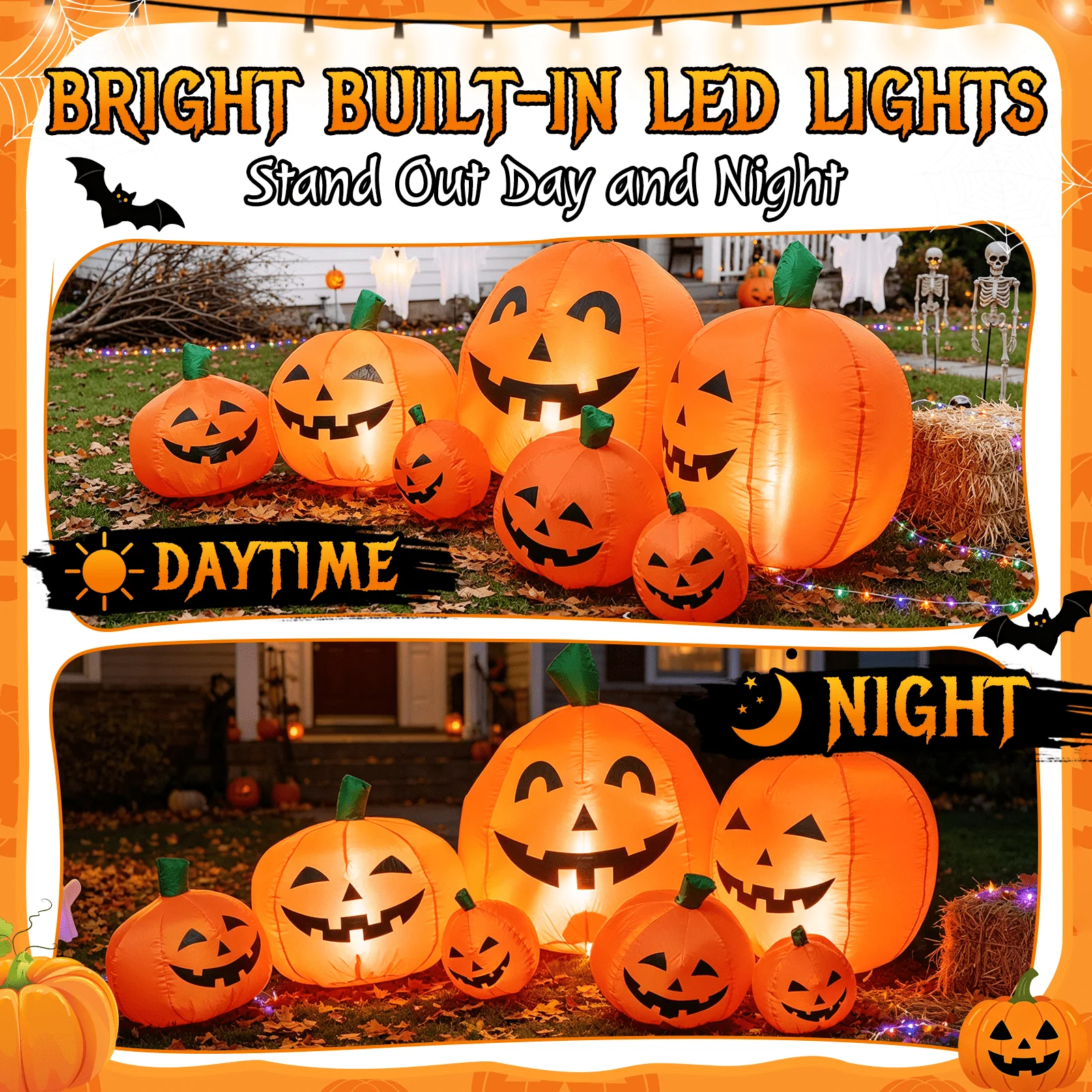 7.5 FT Long Halloween Inflatables Pumpkin Family Lighted,7 Pumpkins Blow Up Yard Decoration, Built-in LEDs, Stakes & Tethers Included for Outdoor Lawn Garden Halloween Decor - Image 4 7.5 FT Long Halloween Inflatables Pumpkin Family Lighted,7 Pumpkins Blow Up Yard Decoration, Built-in LEDs, Stakes & Tethers Included for Outdoor Lawn Garden Halloween Decor - Image 4