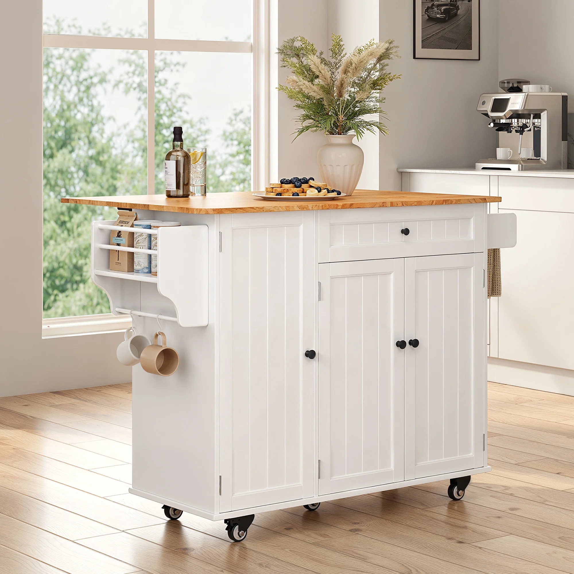 Noelse Kitchen Island with Storage, Island Table for Kitchen with Drop Leaf, Spice Rack, Towel Bar for Small Kitchens, White - Image 9