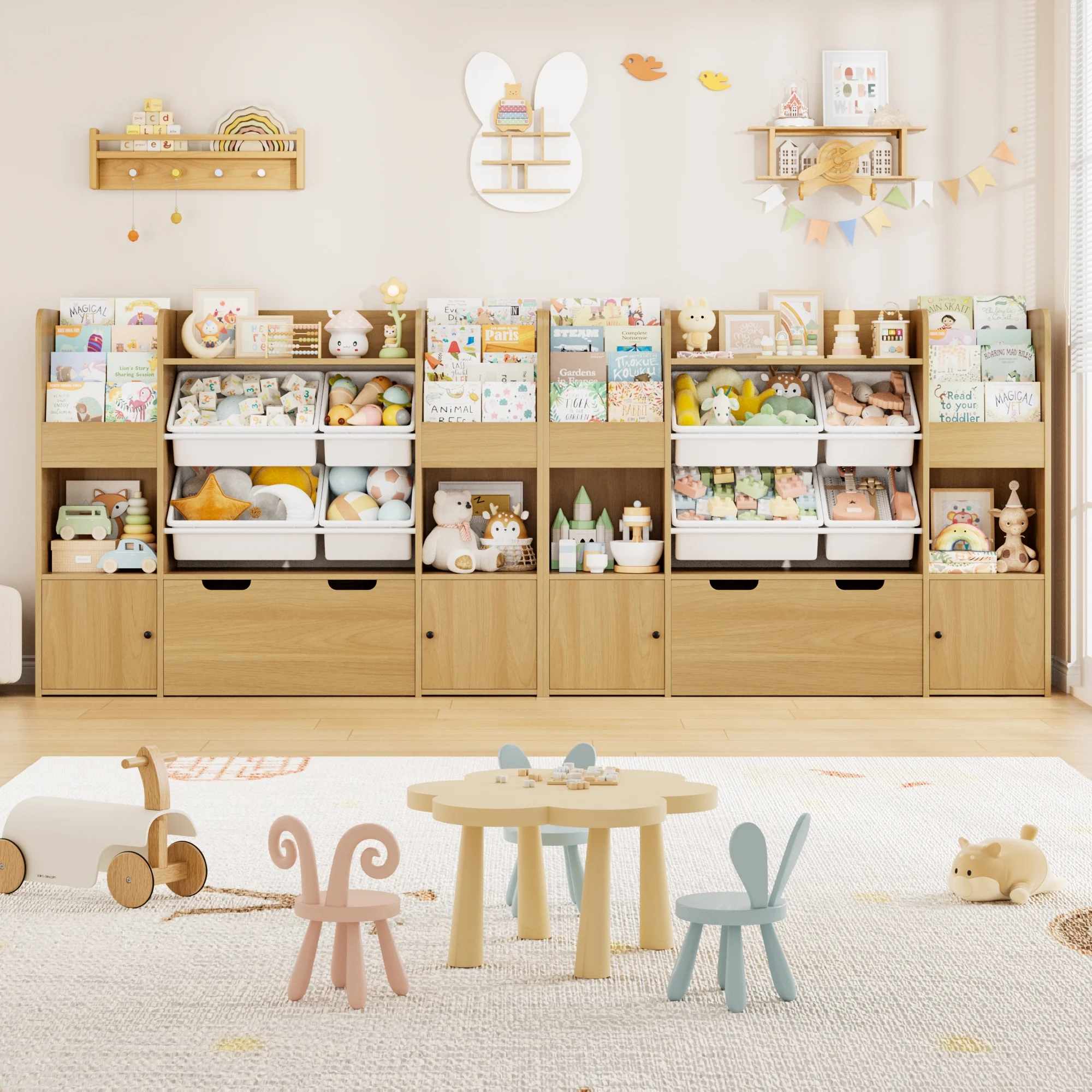 Hiphuta Kids Bookcase Toy Storage Organizer, Wooden Toy Organizer of 4 Bins& 2 Removable Drawers for Home Bedroom, Kids Bookshelf Toy Box with Book Rack, White - Image 18