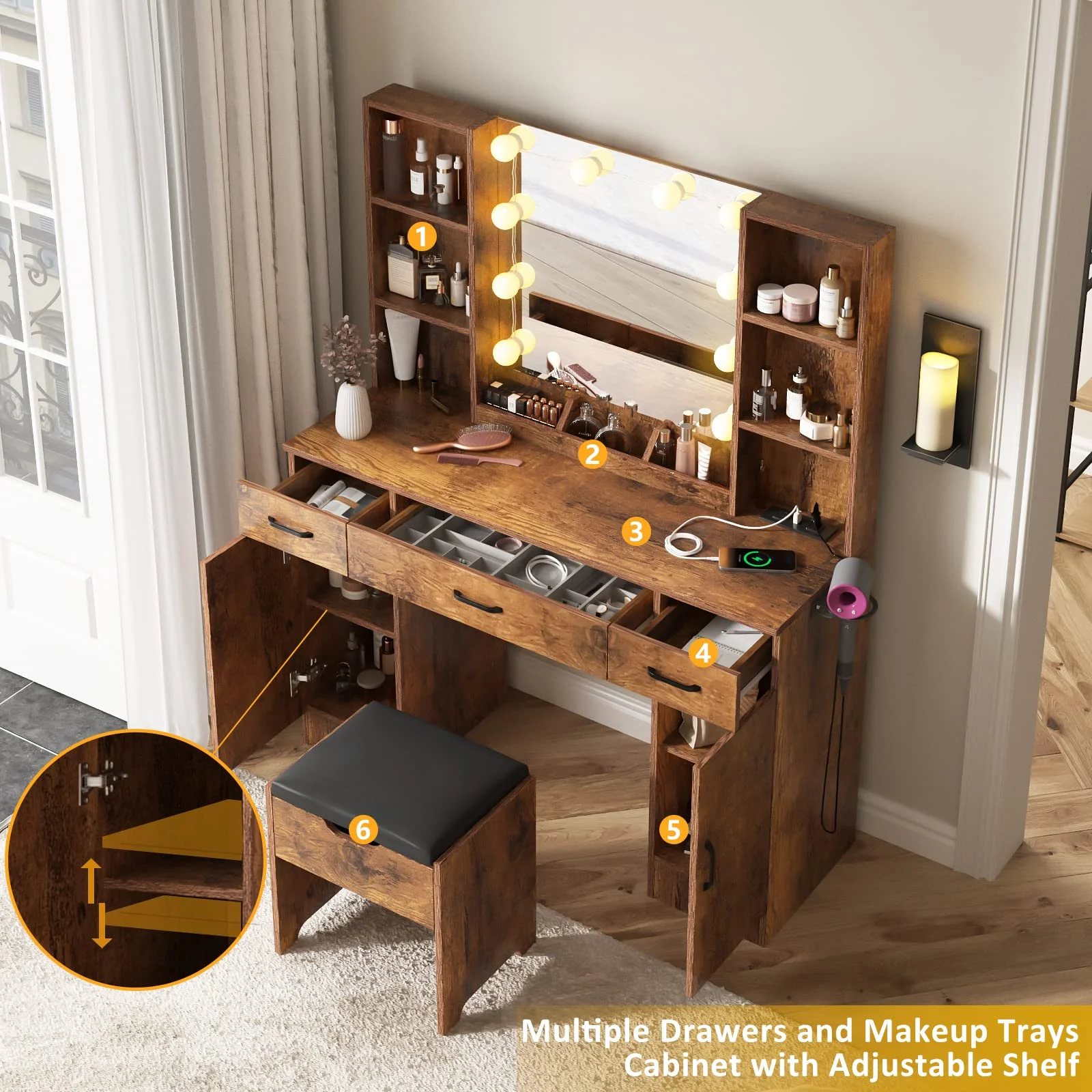VEANERWOOD Large Makeup Vanity Set with Light Modern Makeup Vanity Table with Storage and Adjustable Lighting Colors for Bedroom 45.2in, White - Image 29