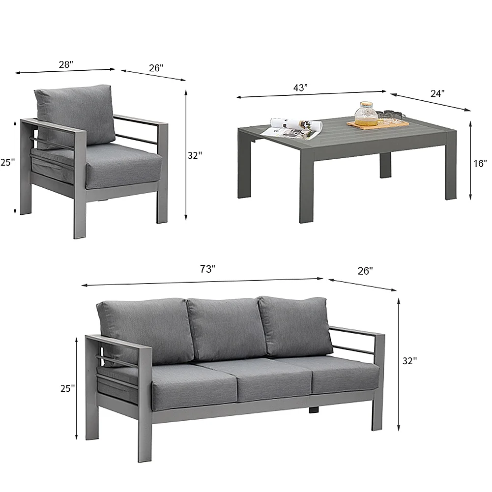 CozyHom 5 Pcs Outdoor Patio Aluminum Furniture Sofa Sets, Outside Patio Conversation Couch Sets With Table&Cushions for Garden Porch, Gray - Image 44