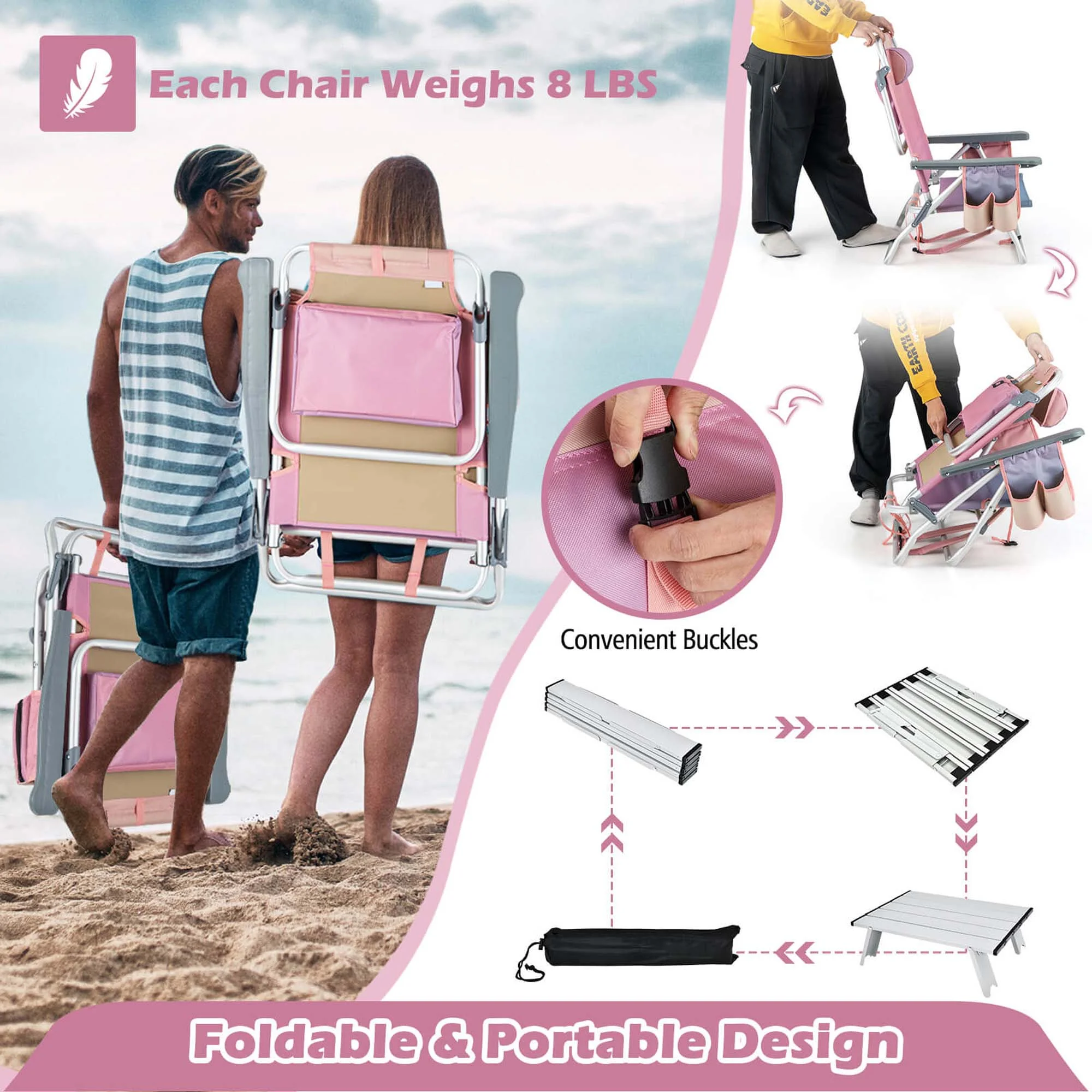 Costway 2-Pack Folding Backpack Beach Chair Table Set 5-Position Outdoor Reclining Chair Pink - Image 8