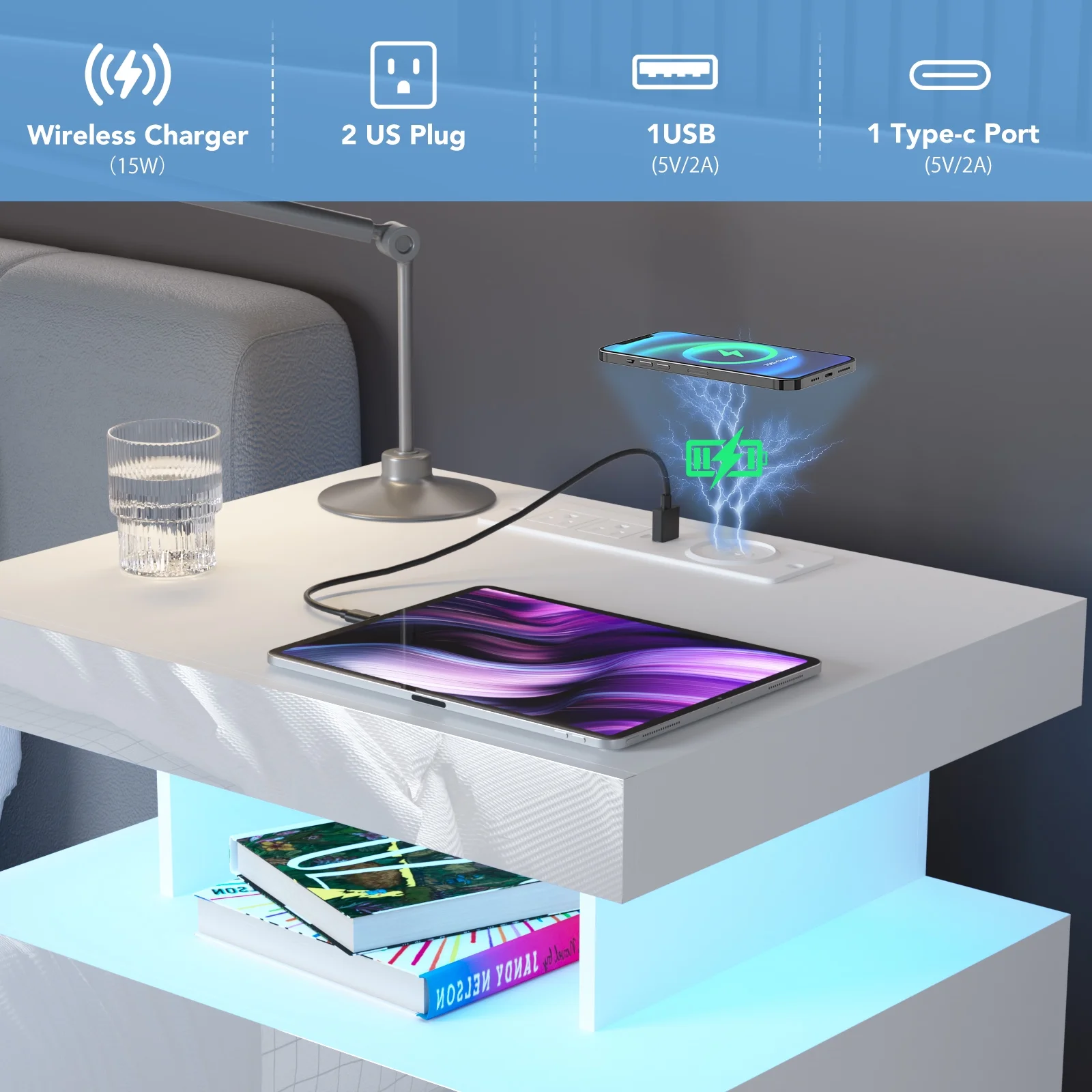 Hommpa LED Nightstand Wireless Charging Station USB Type C Outlets Bedside Table 3 Drawers Black Night Table Modern Smart Nightstand High Gloss End Side Table for Bedroom Furniture 26.8" Tall - Image 39