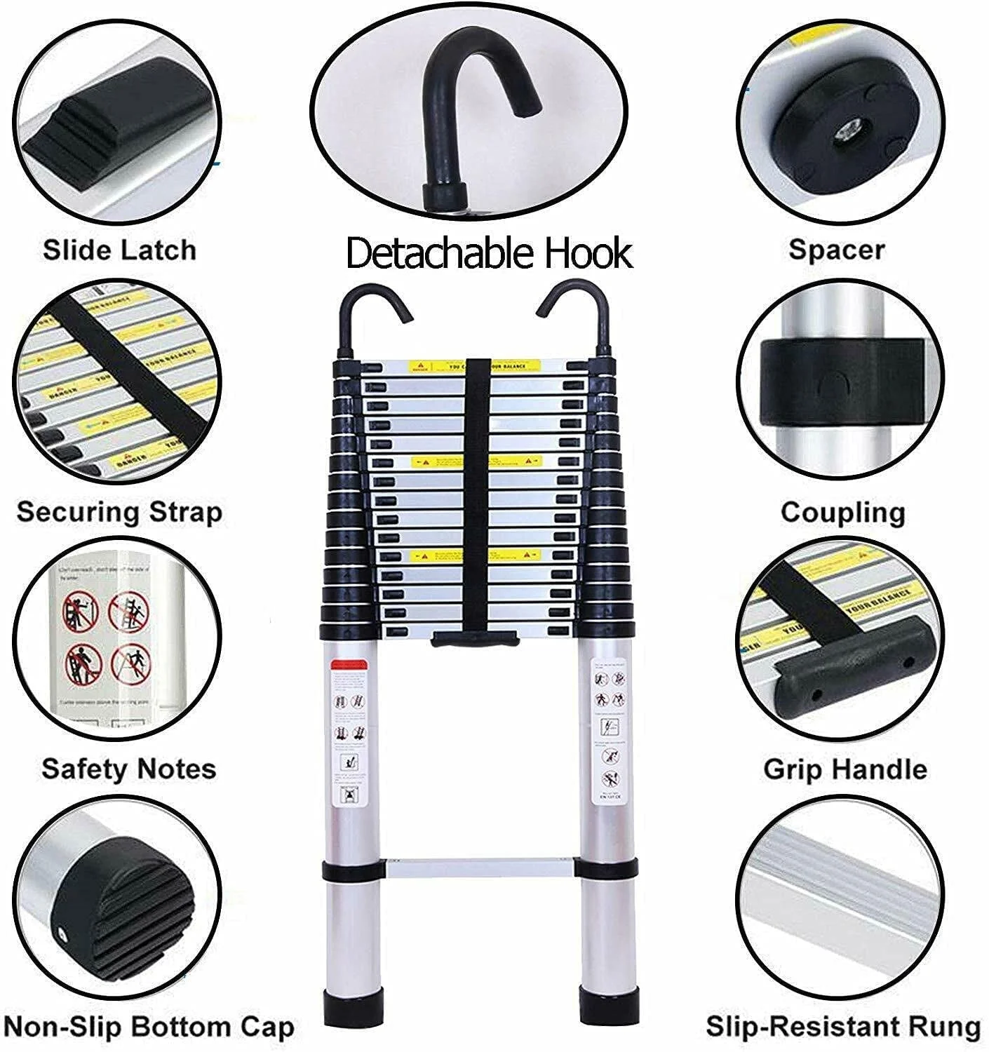 Dayplus Telescoping Ladder 20FT Telescopic Extension Ladder Aluminum Extendable Lightweight Ladder Steps Safety Collapsible Ladder - Image 3