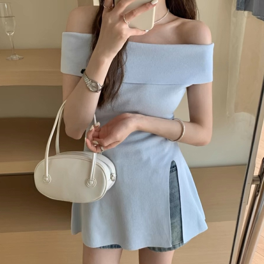 2026 Summer New Korean Style Pure Desire Style Paper Figure Slit Off-Shoulder Waist-Cinching Knit Top