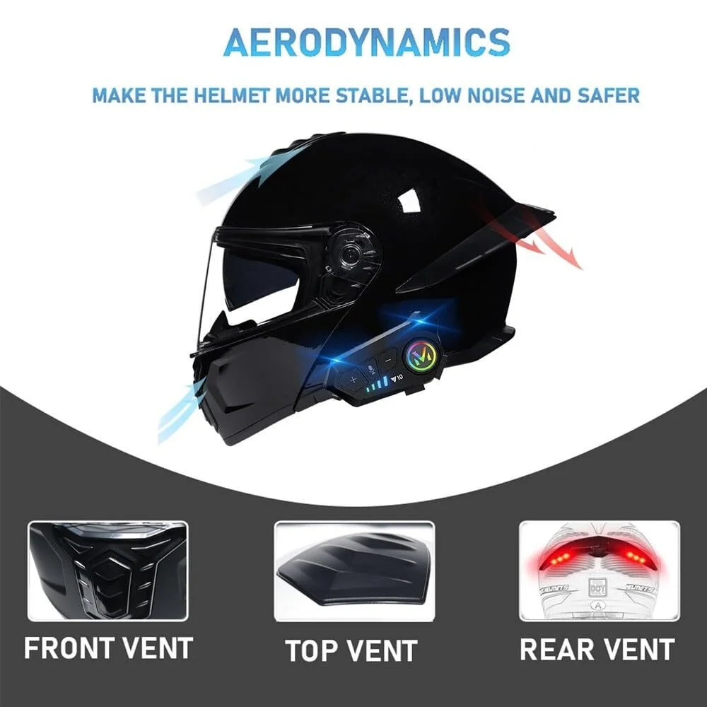 Bluetooth Modular Motorcycle Helmets with Tail Lights, DOT Approved Flip Up Full Face Dual Visor Motorcycle Helmet, with Dual Speakers and Microphone HA - Image 3