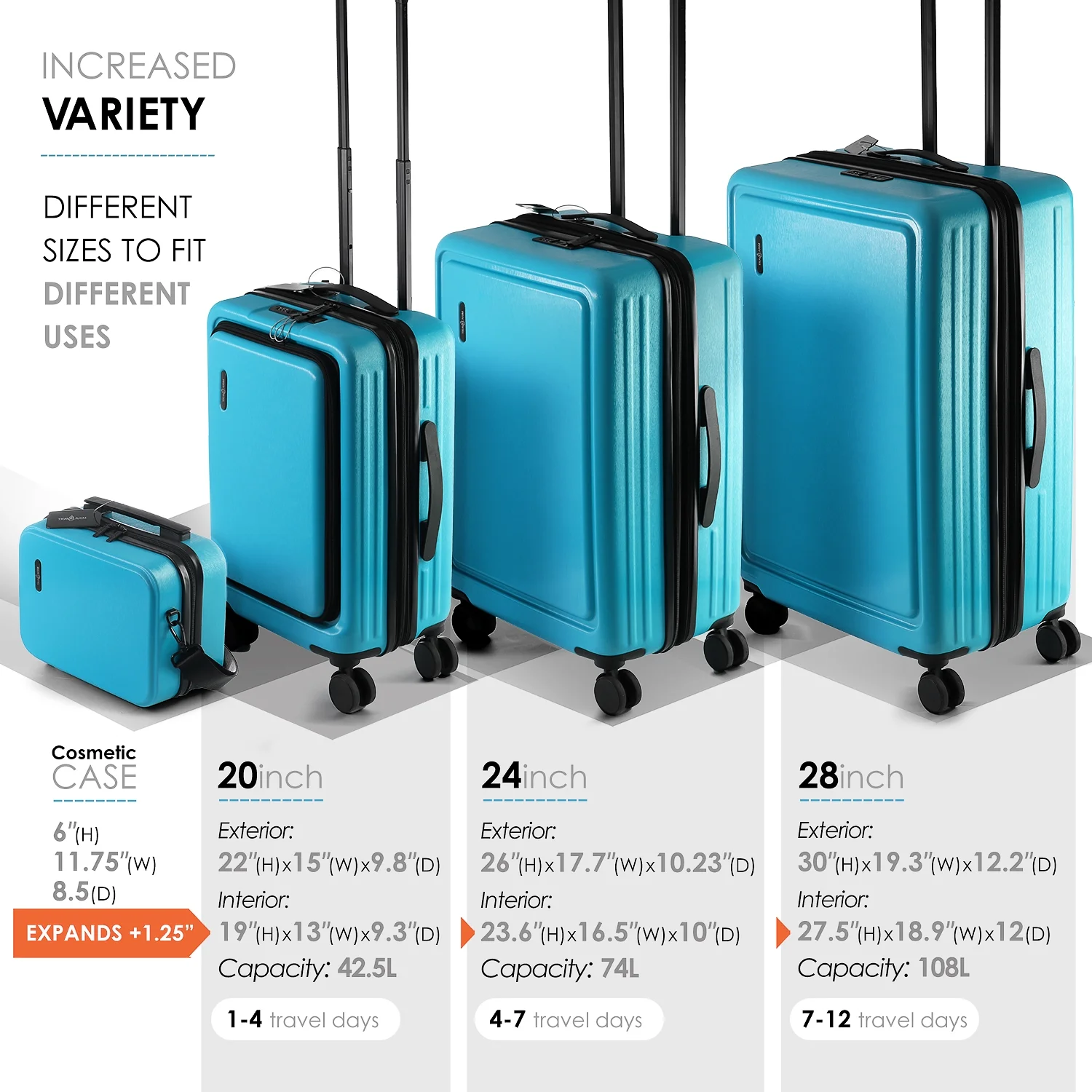 Virtu 4 Piece Hardshell Exapandable Luggage Set, Spinner Luggage Suitcase Set, Navy Blue - Image 25