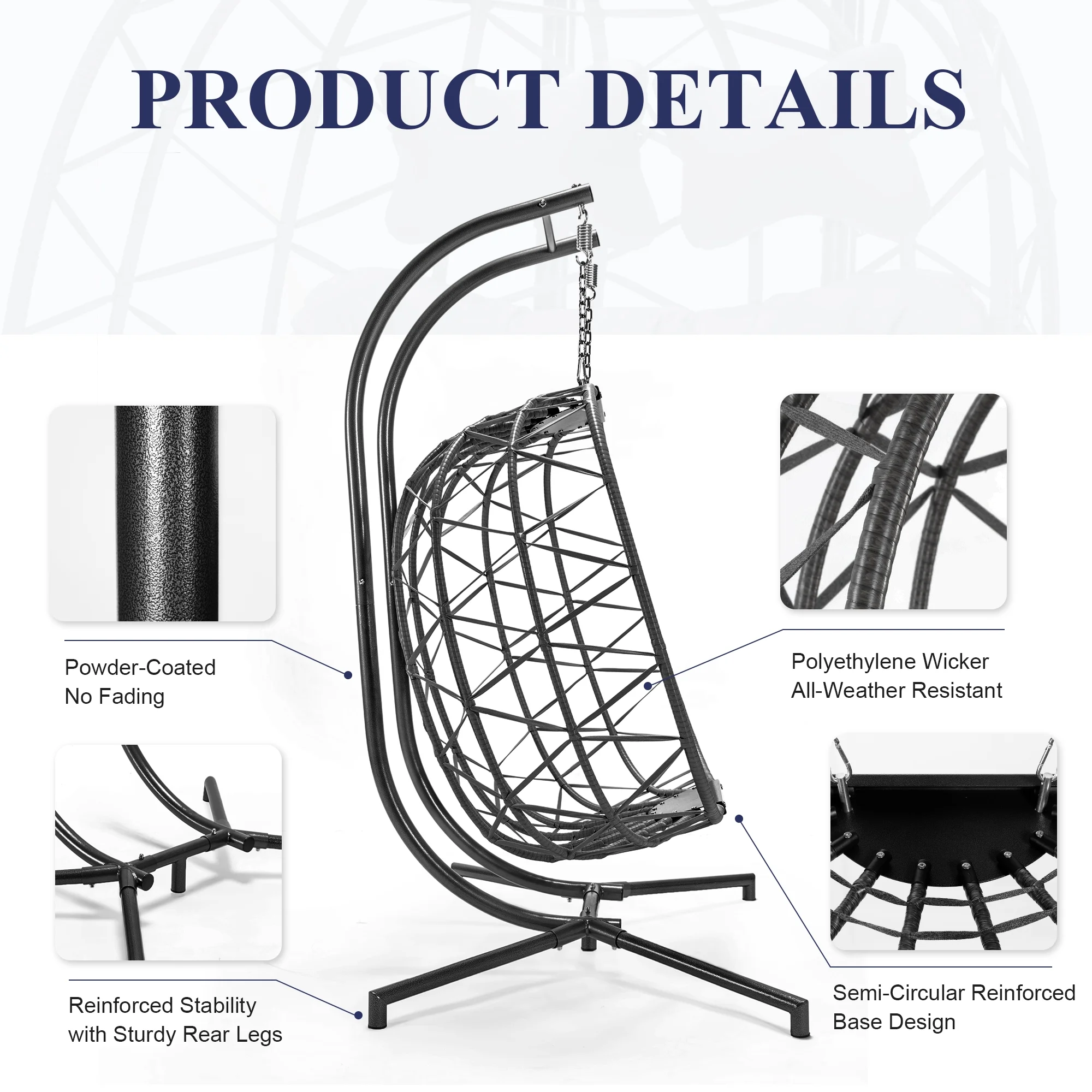 RADIATA Double Wicker Egg Swing Chair with Stand, 2-Person Hanging Egg Chair for Indoor/Outdoor, 700lbs Capacity, Thick Cushions & Headrest,Sturdy Metal Frame��Dark Gray - Image 12