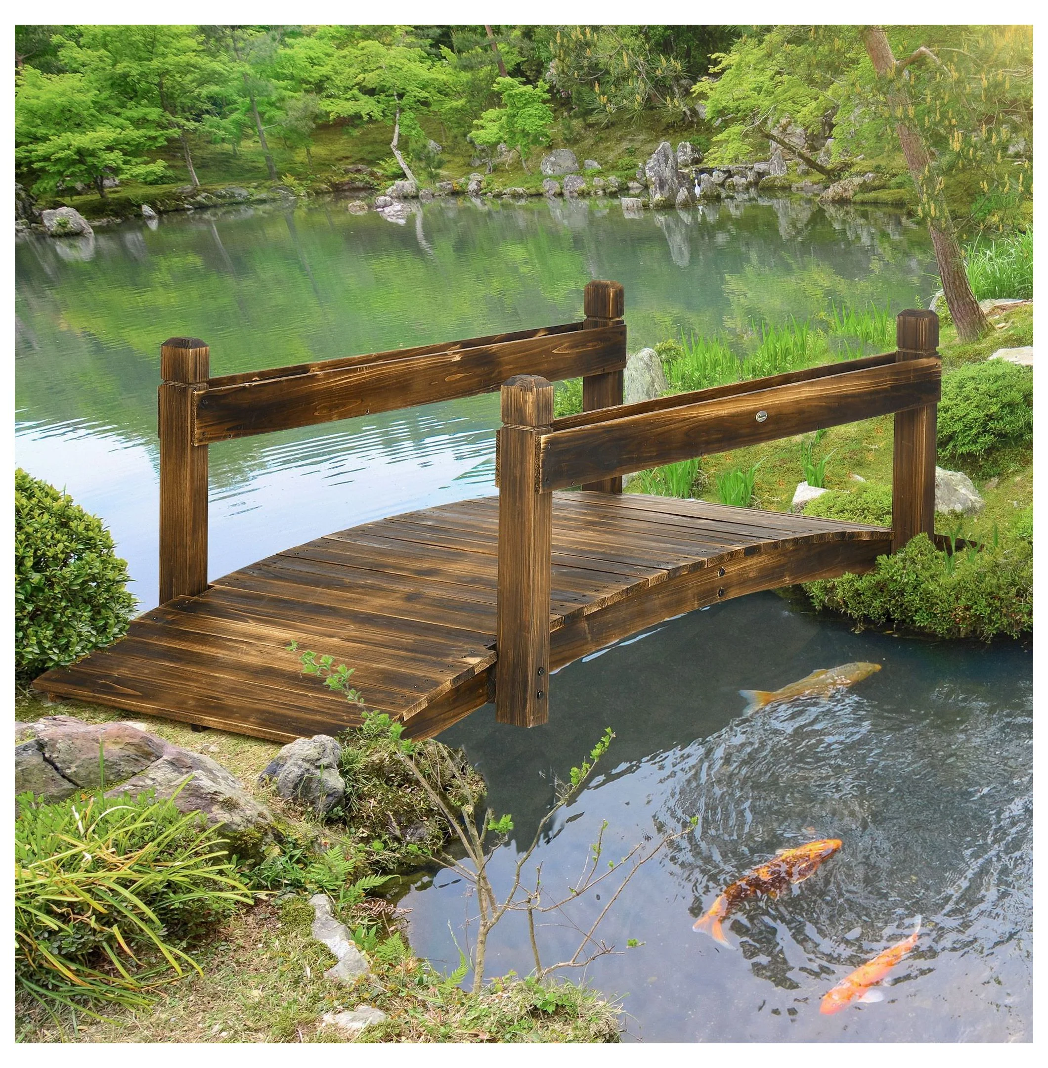 7.5' Wooden Garden Bridge with Planters, Stained Arc Footbridge for Backyard, Pond & Stream