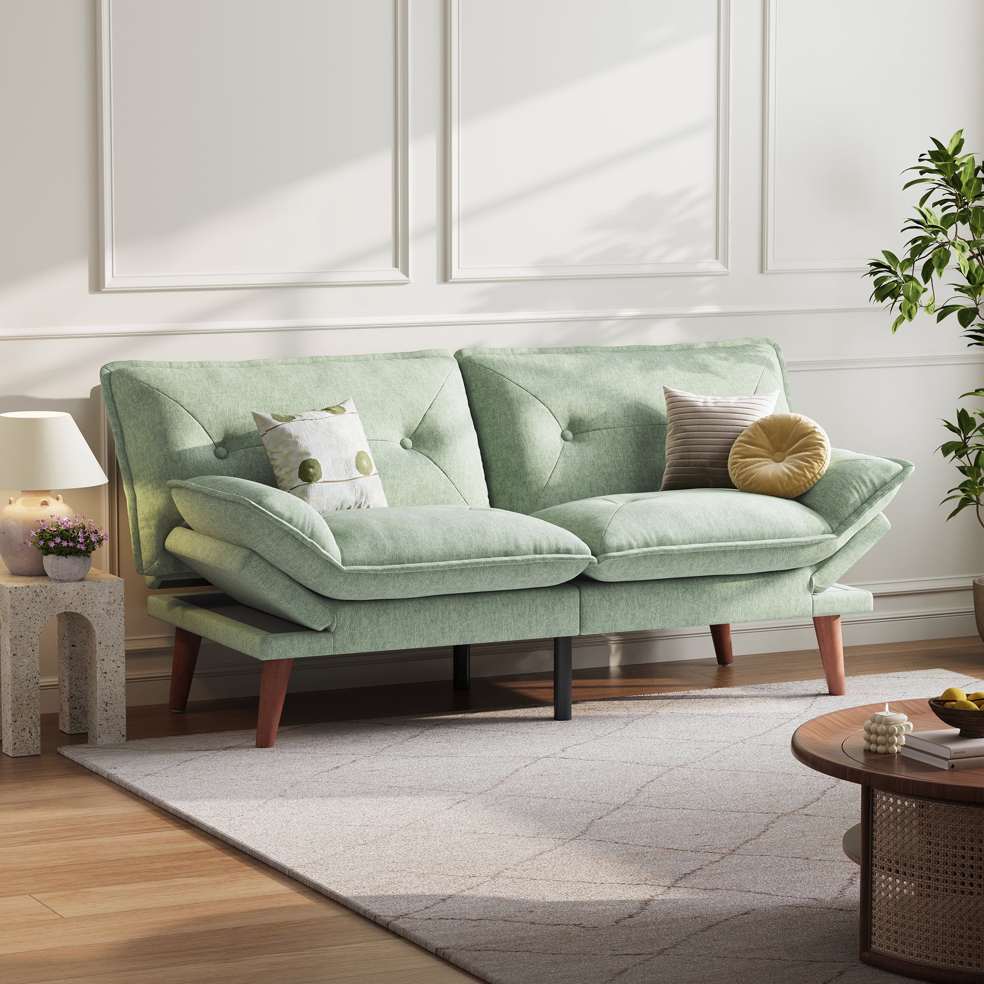 Linsy Home 70" W Chenille Convertible Futon Sofa Bed with Adjustable Armrests, Green - Image 14