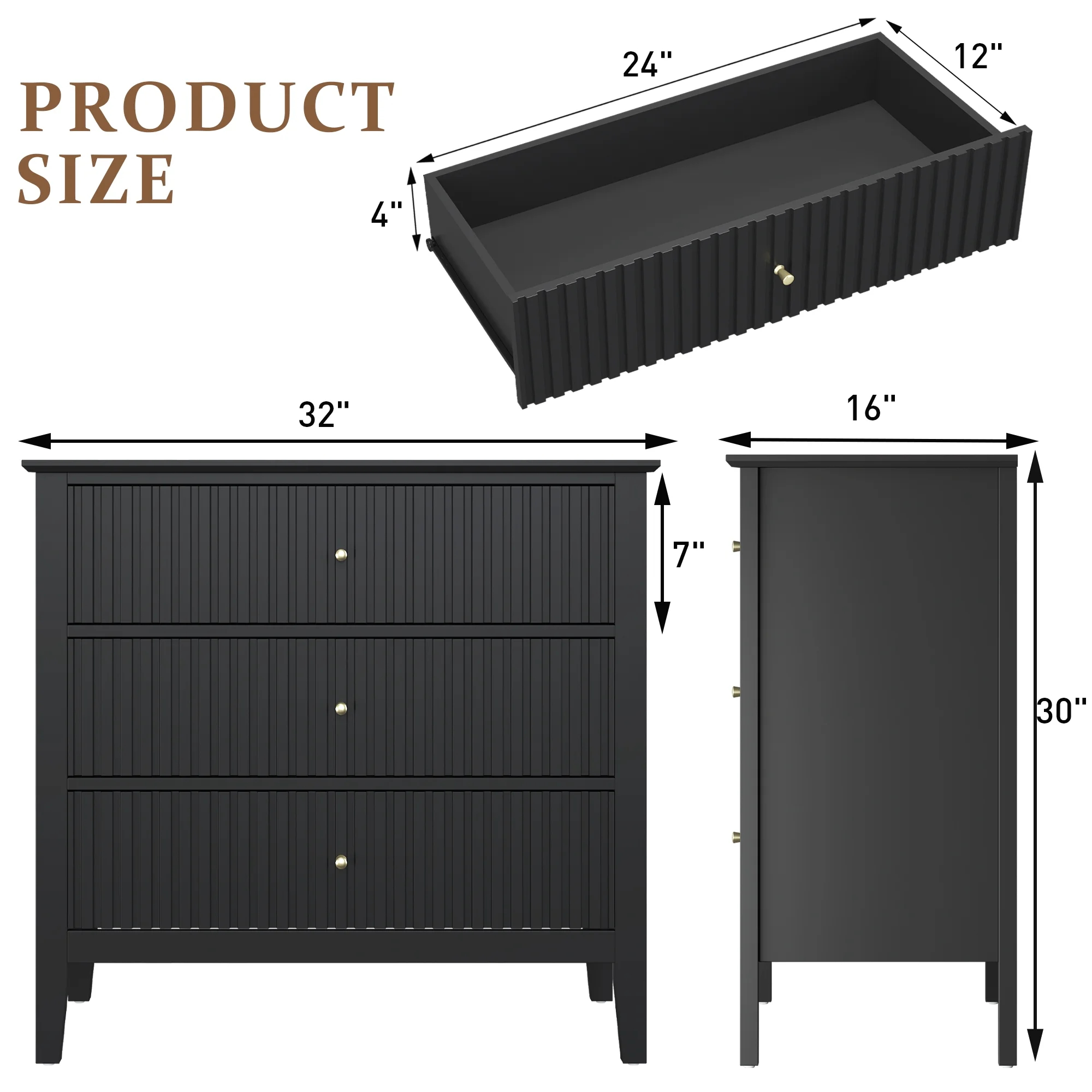May Color Large White 3 Drawer Dresser Set of 2 with Fluted Panel, Modern Chest of Drawers with Silent Slide Drawers, Wood Accent Nightstand with Storage for Bedroom Living Room, Hallway - Image 36