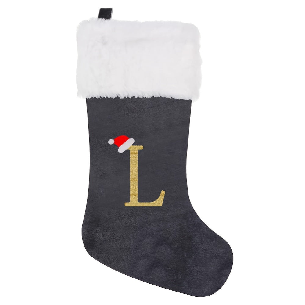 Gepersonaliseerde Fluwelen Kerstsok met Monogram – Modern Grijs Ontwerp