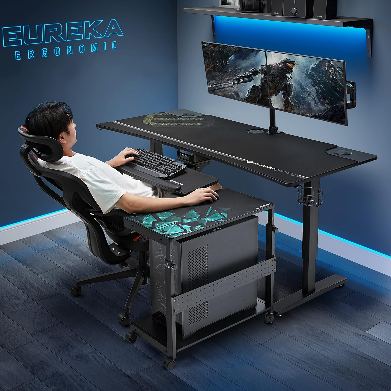 EUREKA ERGONOMIC PC Stand Computer Cart, Height Adjustable Tower Stand 2-Tier Suit for ATX Case Printer, Metal Rolling Cart on Wheels for Gaming Home Office, Black
