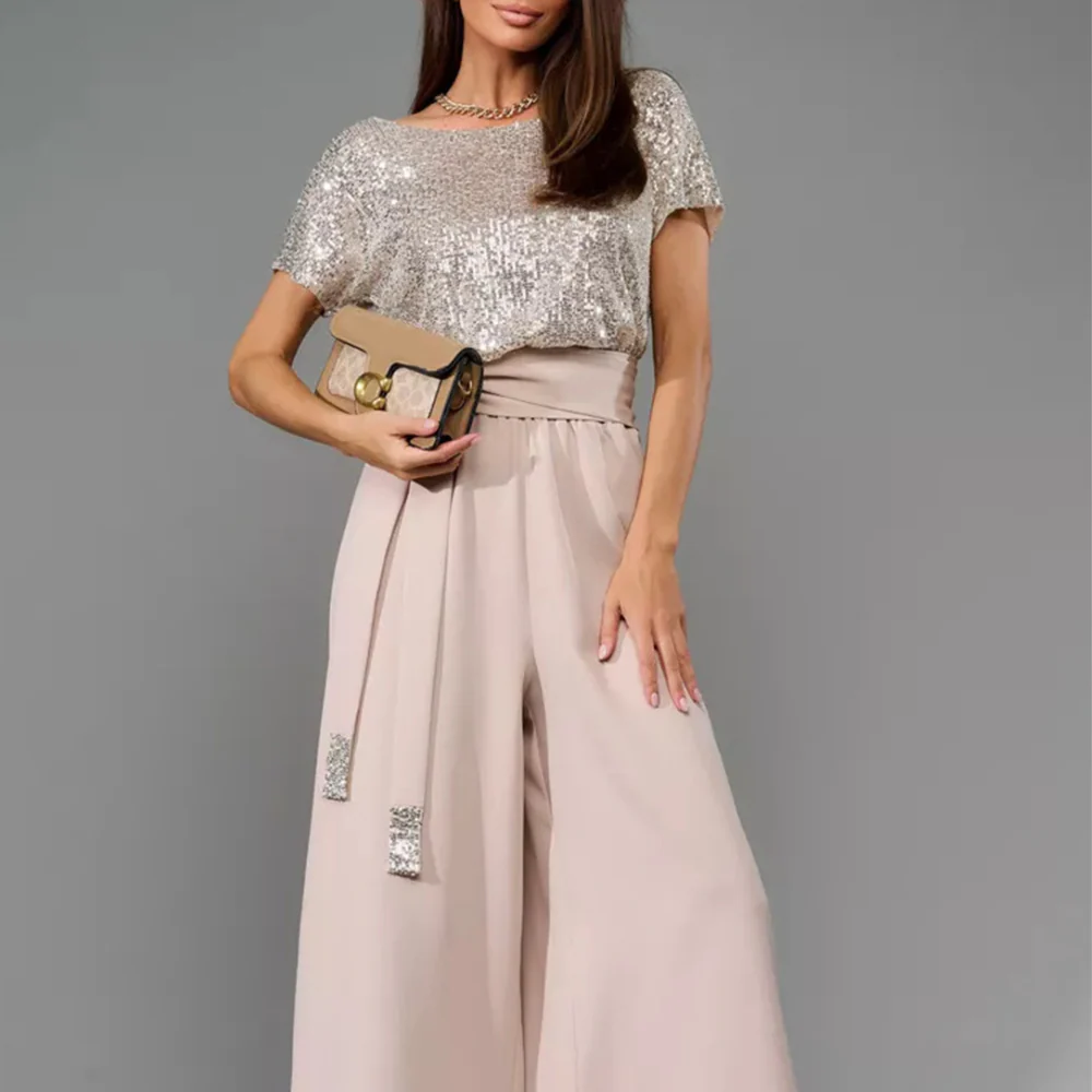 Full Size Sequin Round Neck Short Sleeve Wide Leg Jumpsuit - ZKZOOK