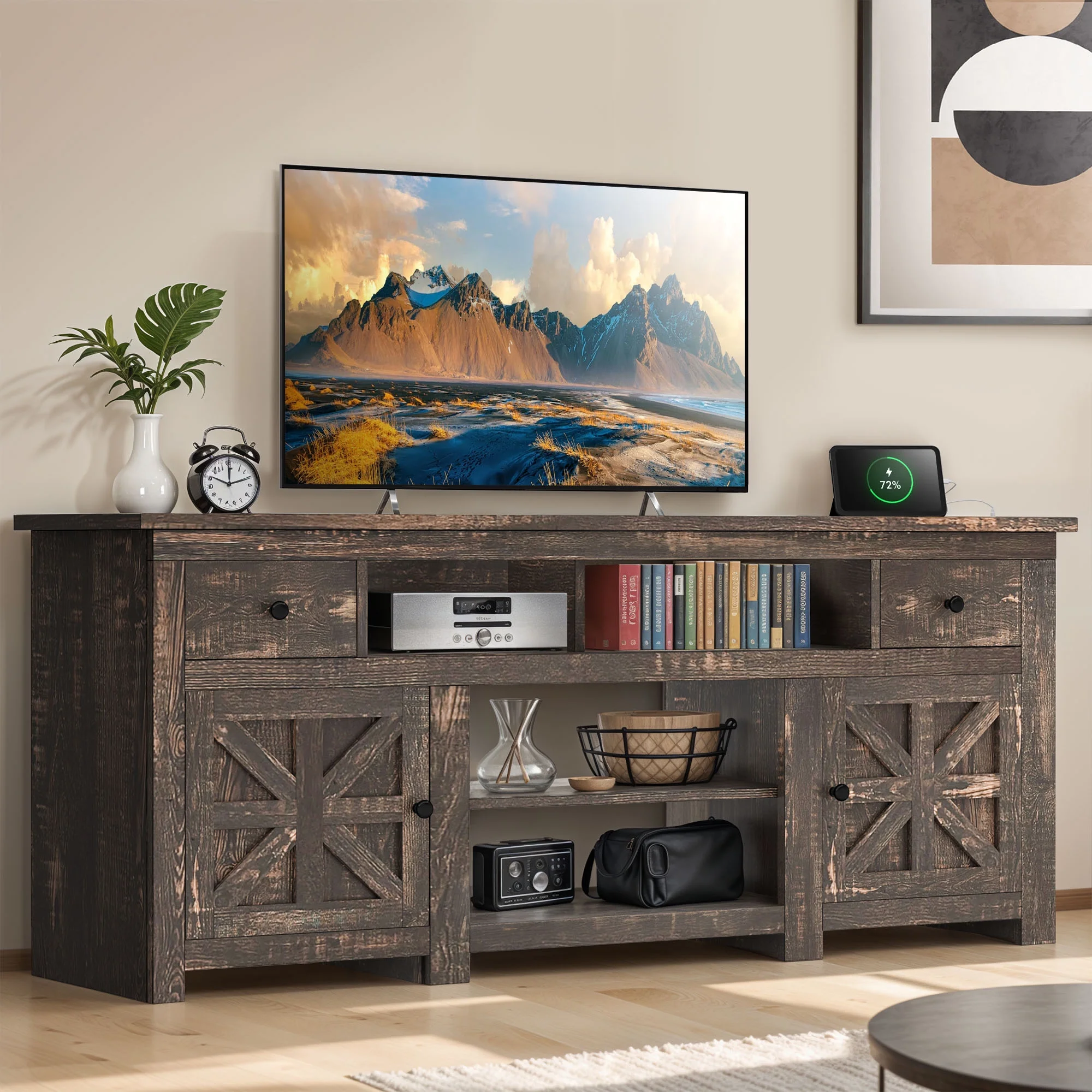 Uforic Farmhouse TV Stand for 75/80 Inch TV, Rustic Entertainment Center with Power Outlet, Storage Drawers, TV Console for Living Room, Oak