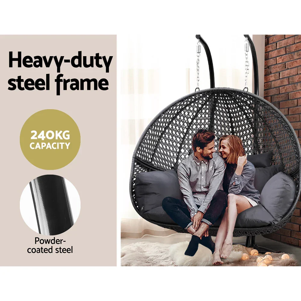 Gardeon Hanging Pod Chair With Stand And Cushion, 2 Seater, Grey - Image 5 Gardeon Hanging Pod Chair With Stand And Cushion, 2 Seater, Grey - Image 5