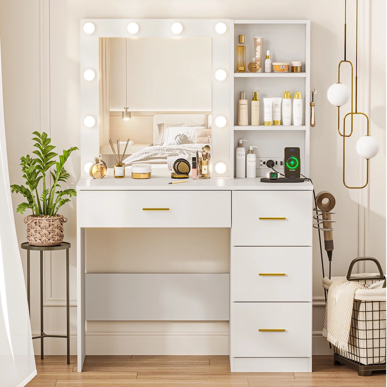 Makeup Vanity with Mirror and 3 Color Lights,Vanity Dressing Table with USB Charging Station,4 Drawers,Open Storage Shelves,White - Image 2