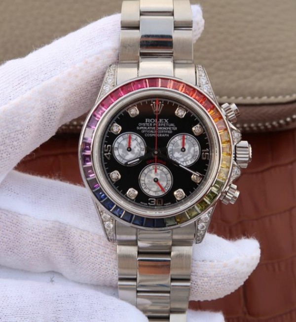 Replica Rolex Daytona 116599 Colorful Crystal Bezel Black Dial SS Bracelet A7750 - Elite Watch Atelier