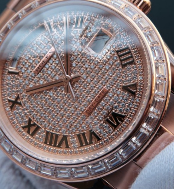 Replica Rolex Day-Date 218399 Roman Numerals RG Full Diamonds A3255 - Elite Watch Atelier