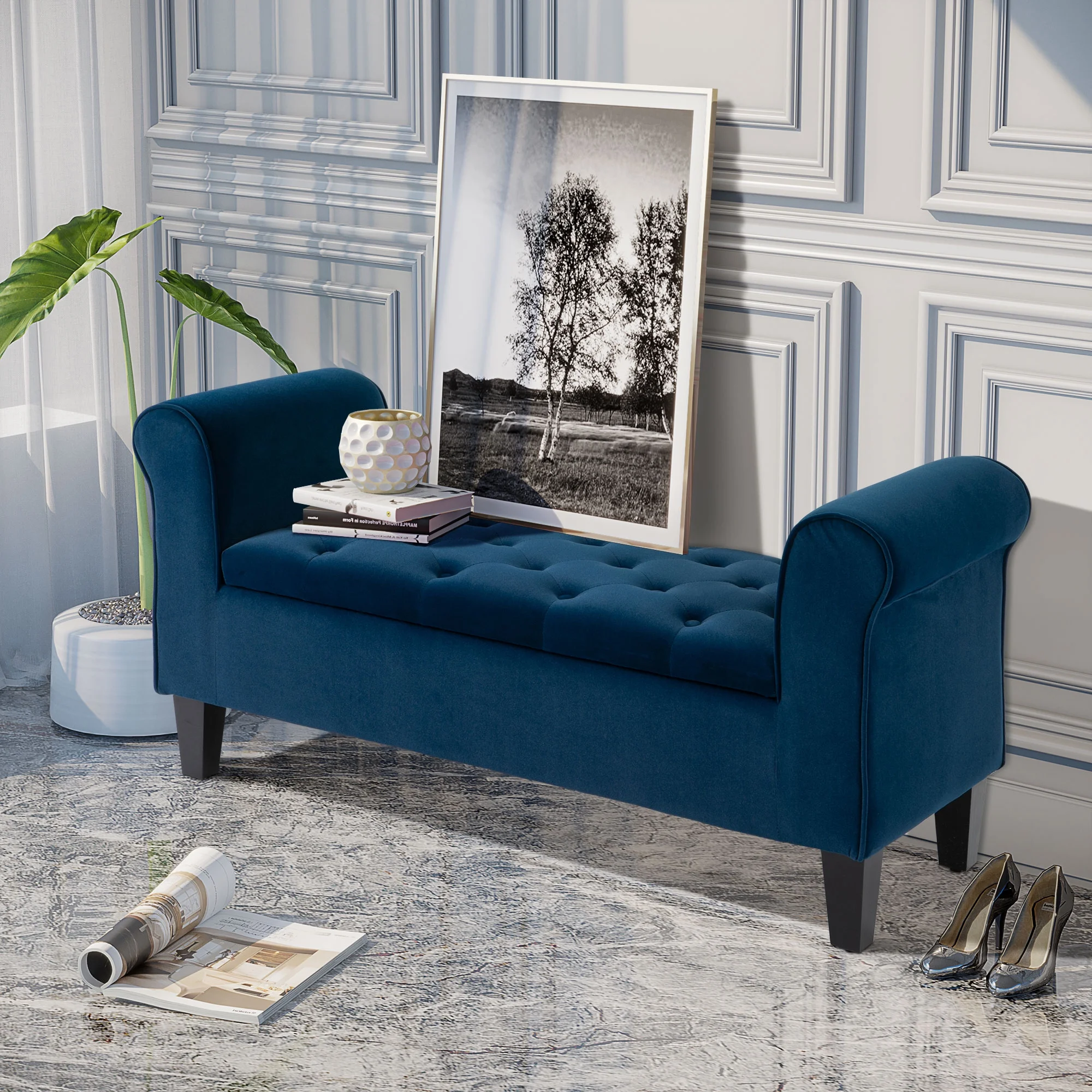 HOMCOM Button-Tufted Storage Ottoman Bench, Upholstered Bench with Rolled Armrests for Living Room or Hallway, Blue - Image 2