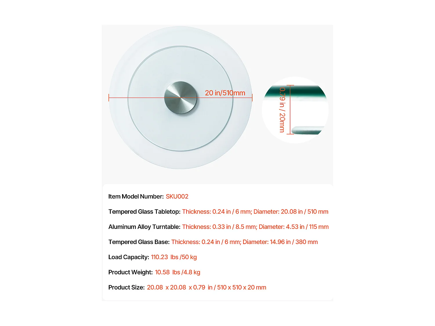 Plateau Tournant Rond SucceBuy pour Table, 51cm, Plateau de Service Rotatif à 360°, Centre de Table à Manger en Verre Trempé Transparent, pour Banquets