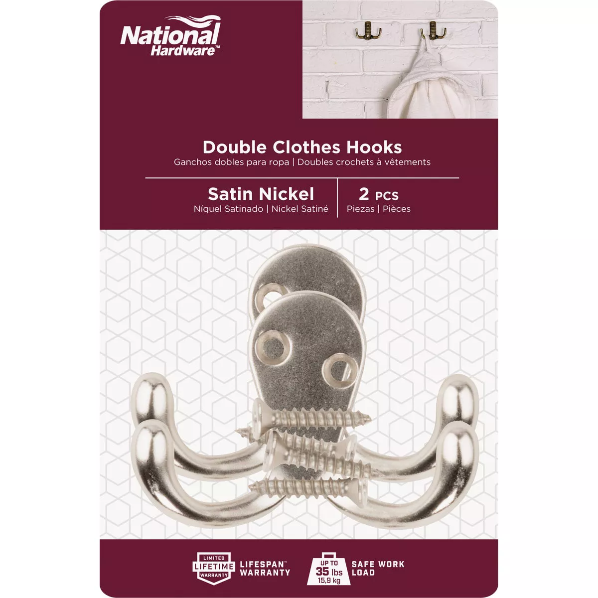 National Hardware Satin Nickel Double Clothes Hook (2-Pack)