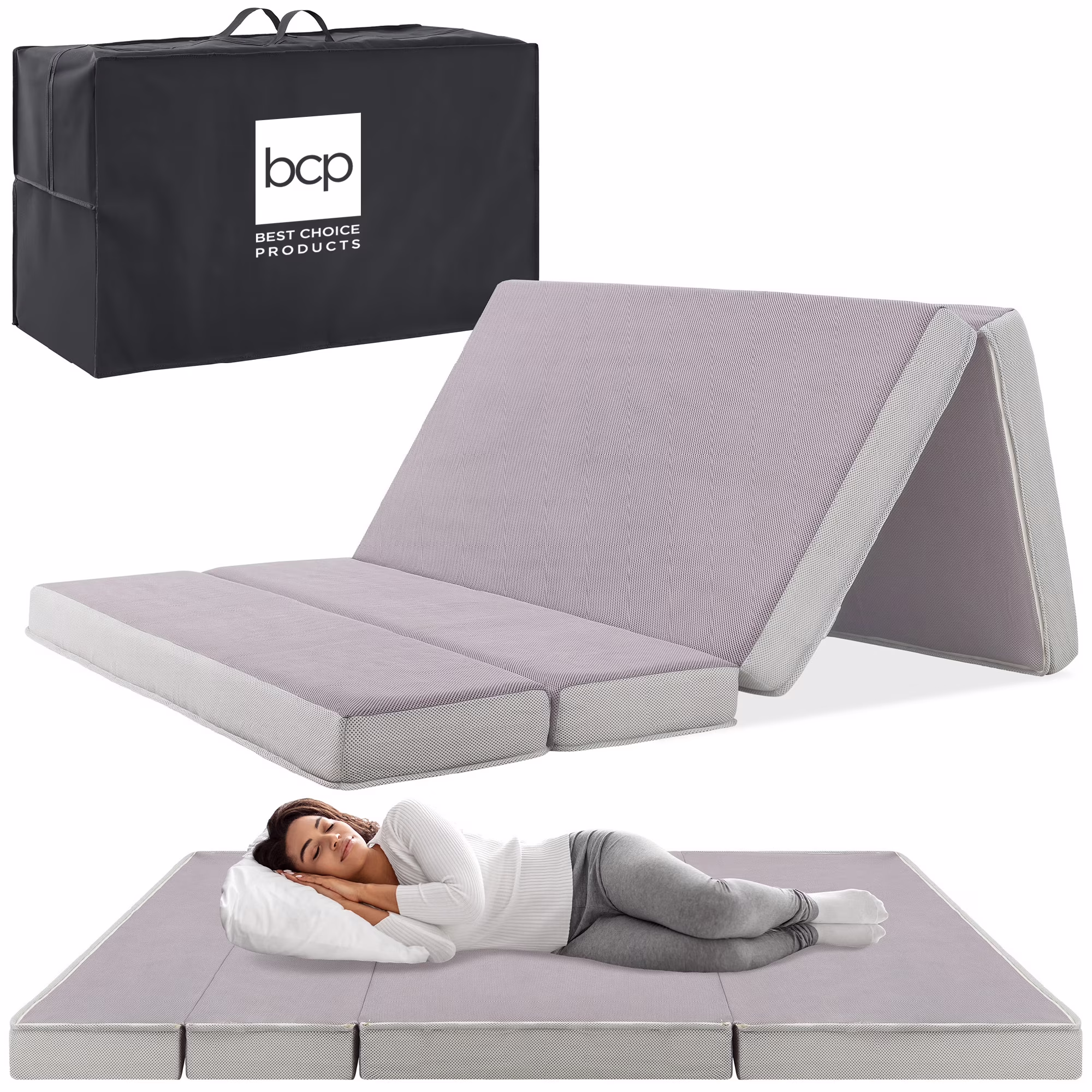 Best Choice Products 4in Thick Folding Portable Twin Tri-Fold Mattress w/ Carry Case, Washable Cover - Gray - Image 4