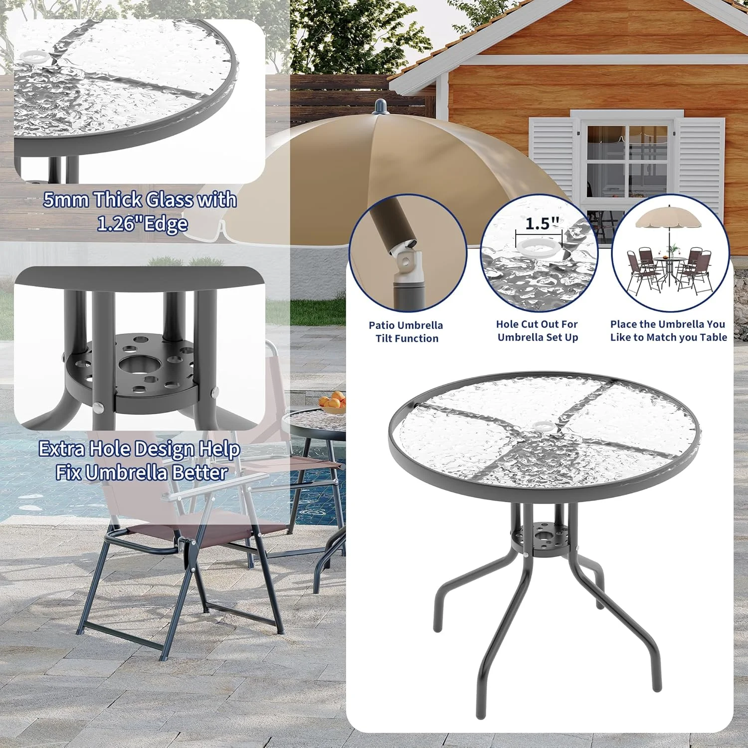 6 Pieces Outdoor Dining Set With Umbrella, Patio Table and 4 Folding Chairs With Umbrella, Garden Patio Furniture Set With Umbrellas, Tempered Glass Top Dining Table - Image 22