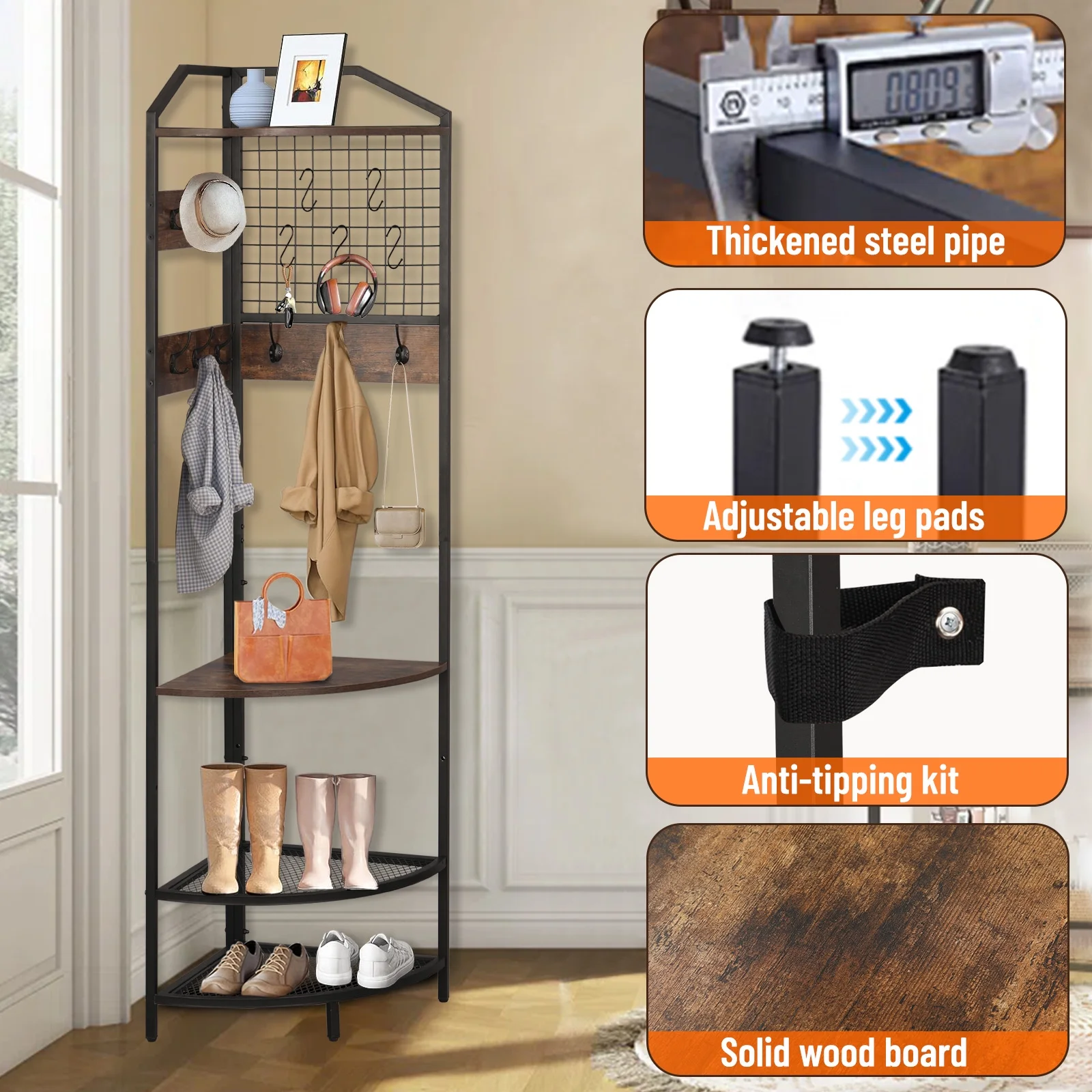 XXLYY Corner Coat Rack with Shoe Storage, Multifunctional Entryway Corner Shoe Rack with 14 Metal Hooks, Freestanding Corner Hall Tree Shelf Organizer for Home Office Bedroom