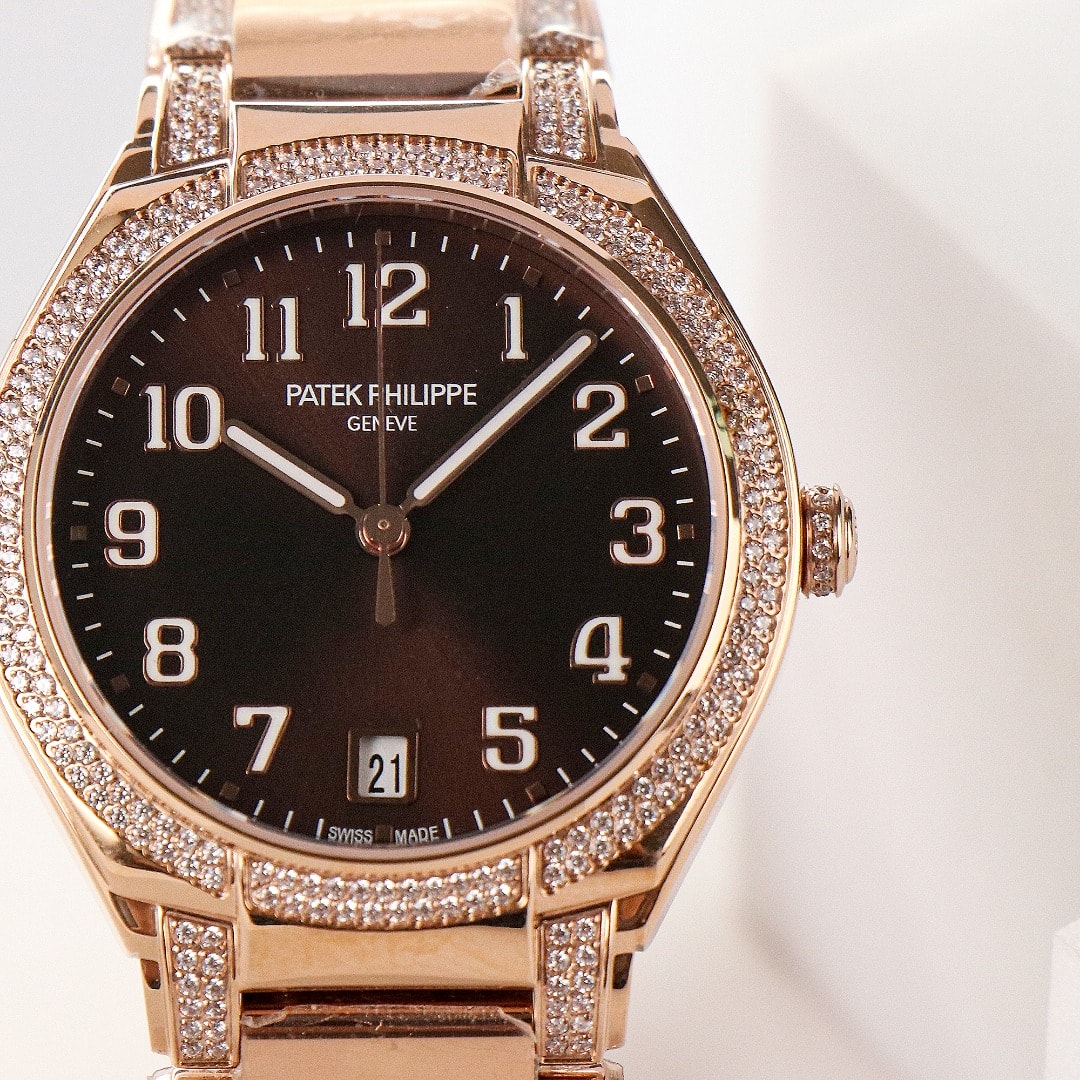 Fake Diamond Watch Replica Patek Philippe Twenty~4 Ladies Rose Gold/Diamonds Brown Dial 7300/1201R-010(1:1 replica) - Top club