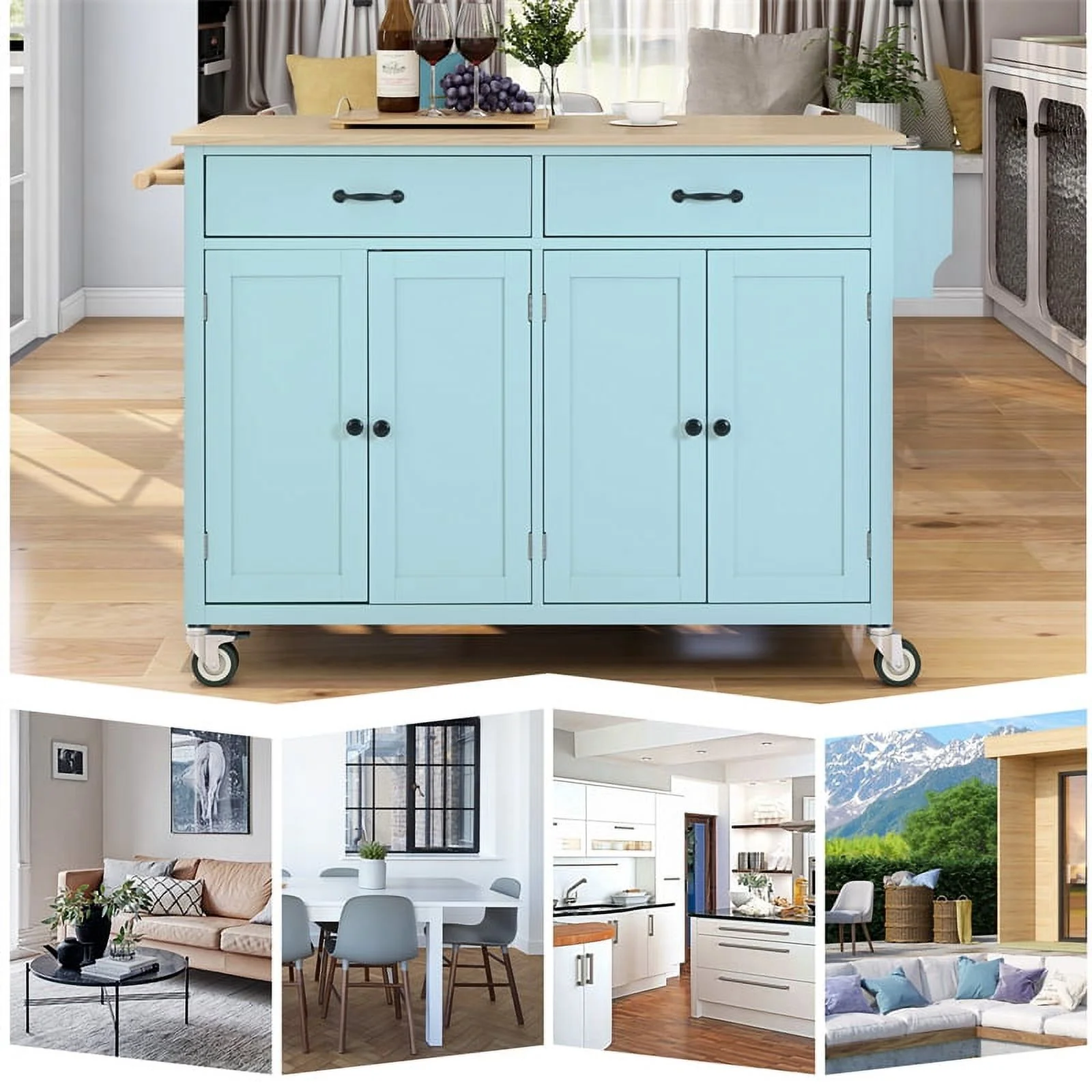 Kitchen Storage Islands&Carts with Solid Wood Top and Locking Wheels, Kitchen Island Cart with 4 Door Cabinet and Two Drawers, Kitchen Cabinets for Kitchen and Dining Room, Green - Image 8