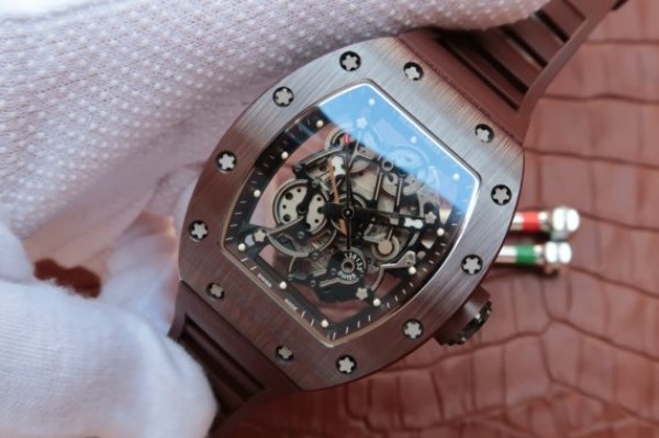 Replica Richard Mille RM055 Brown Ceramic Brown Inner Bezel Skeleton Dial Brown Rubber Strap MIYOTA8215 - Elite Watch Atelier