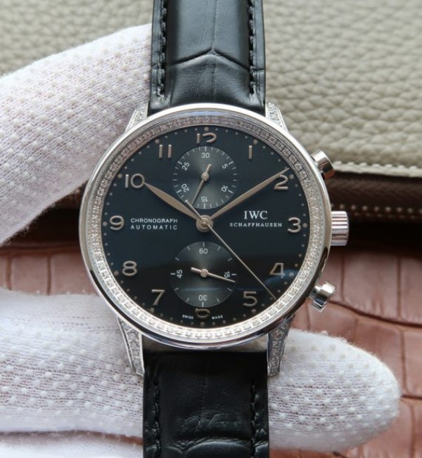 Replica IWC ZF Portuguese Chrono IW371447 Diamonds Bezel Leather Strap - Top club